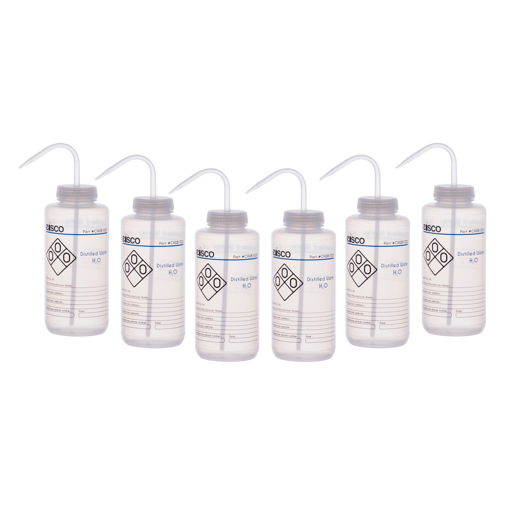 6PK Performance Plastic Wash Bottle, Distilled Water, 1000 ml - Labeled (2 Color)