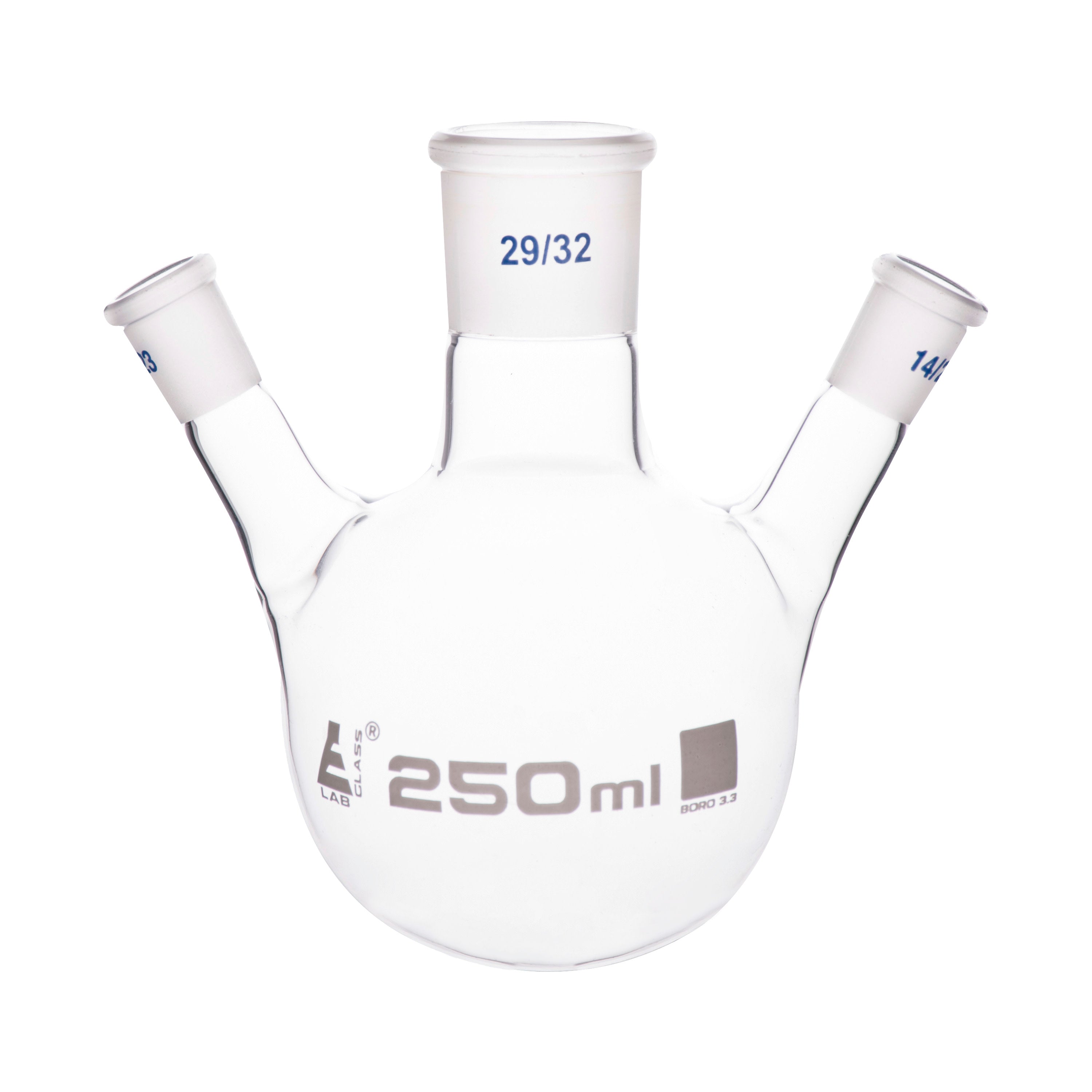 Borosilicate Glass 3 Neck Distillation Flask, 250ml, 29/32 Oblique Neck, 14/23 Side Joint, Autoclavable