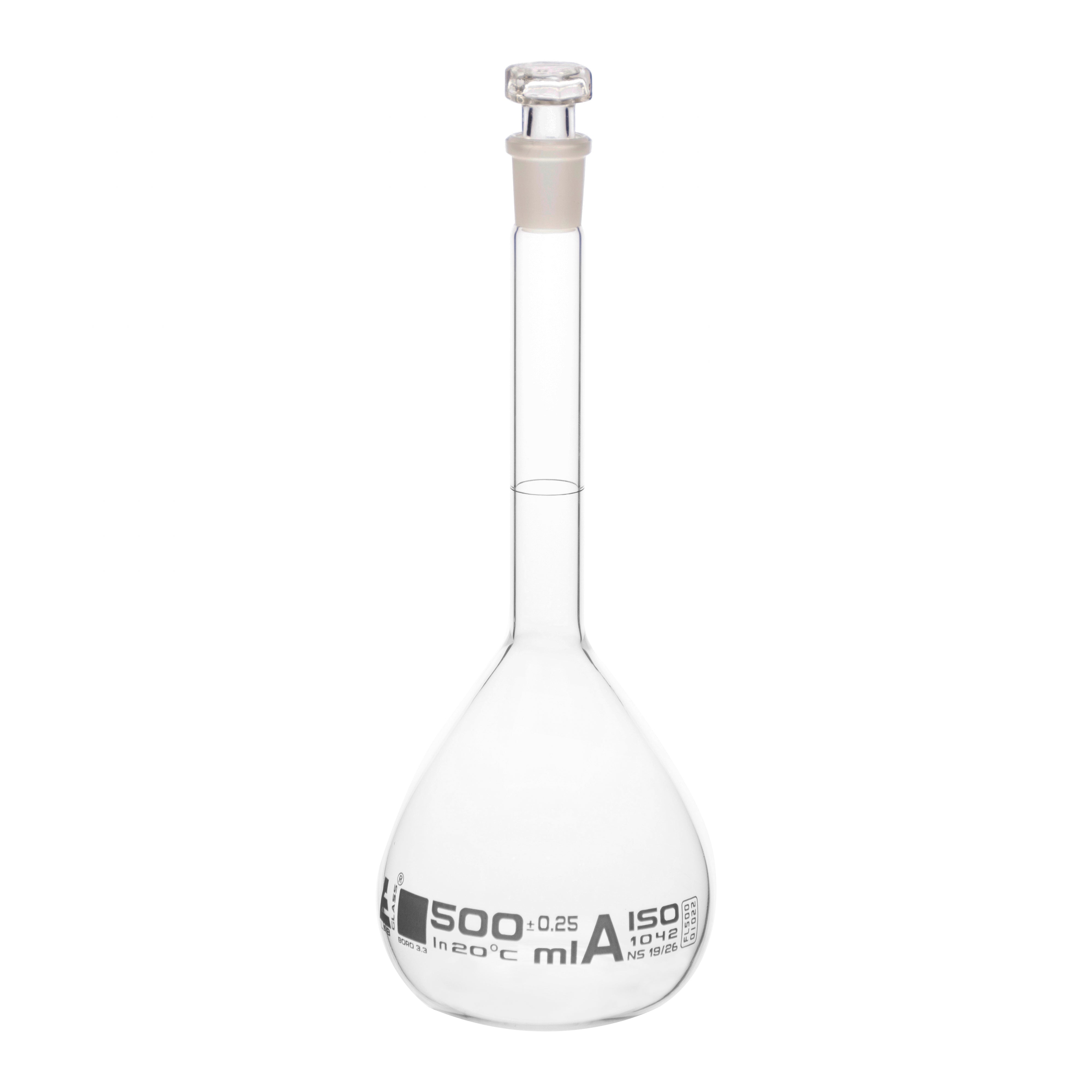 Borosilicate Volumetric Flask with Hollow Glass Stopper, 500ml, Class A, White Print, Autoclavable