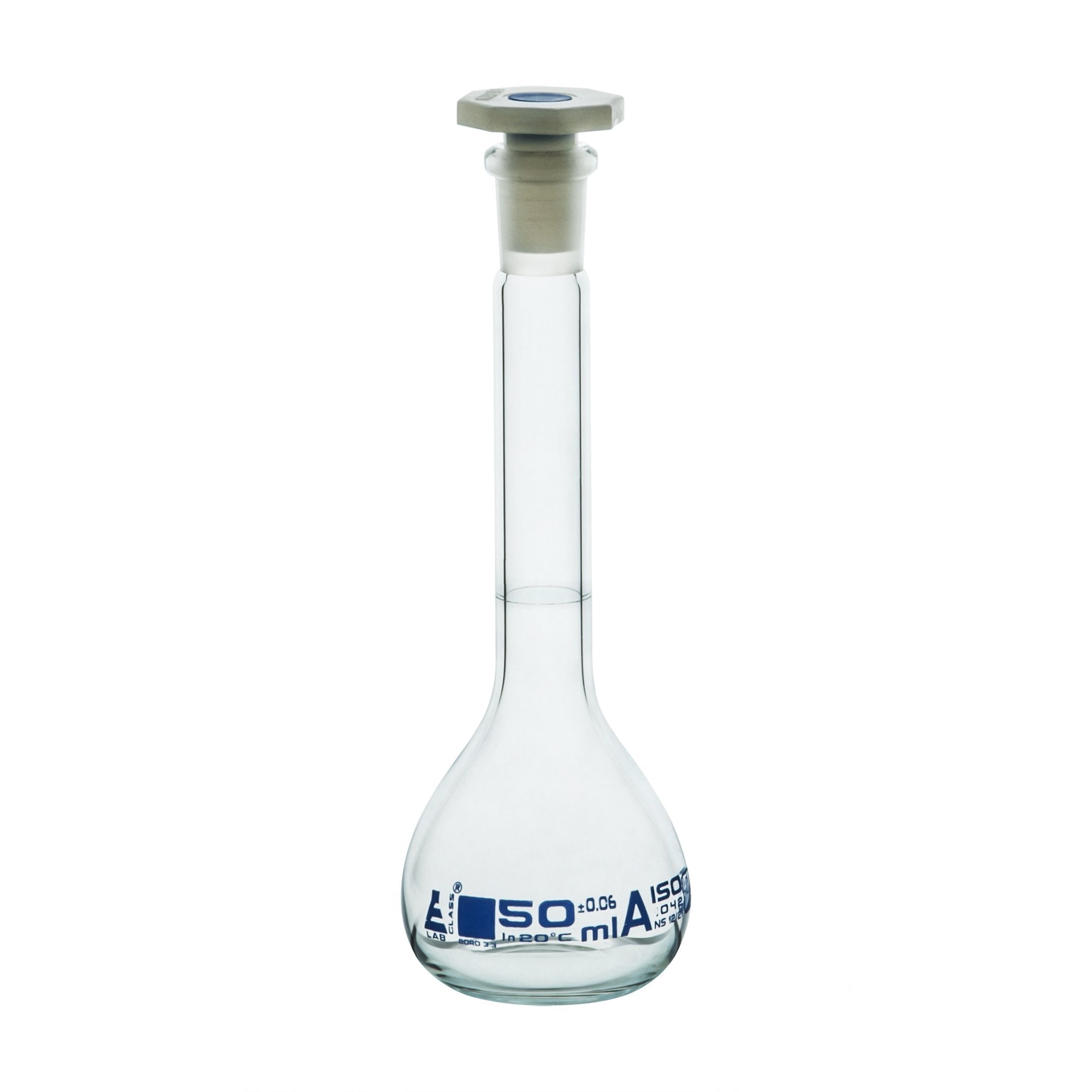 Borosilicate Glass Volumetric Flask with Polypropylene Stopper, 50 ml, Class A with Individual Work Certificate, Pack of 2,  Autoclavable