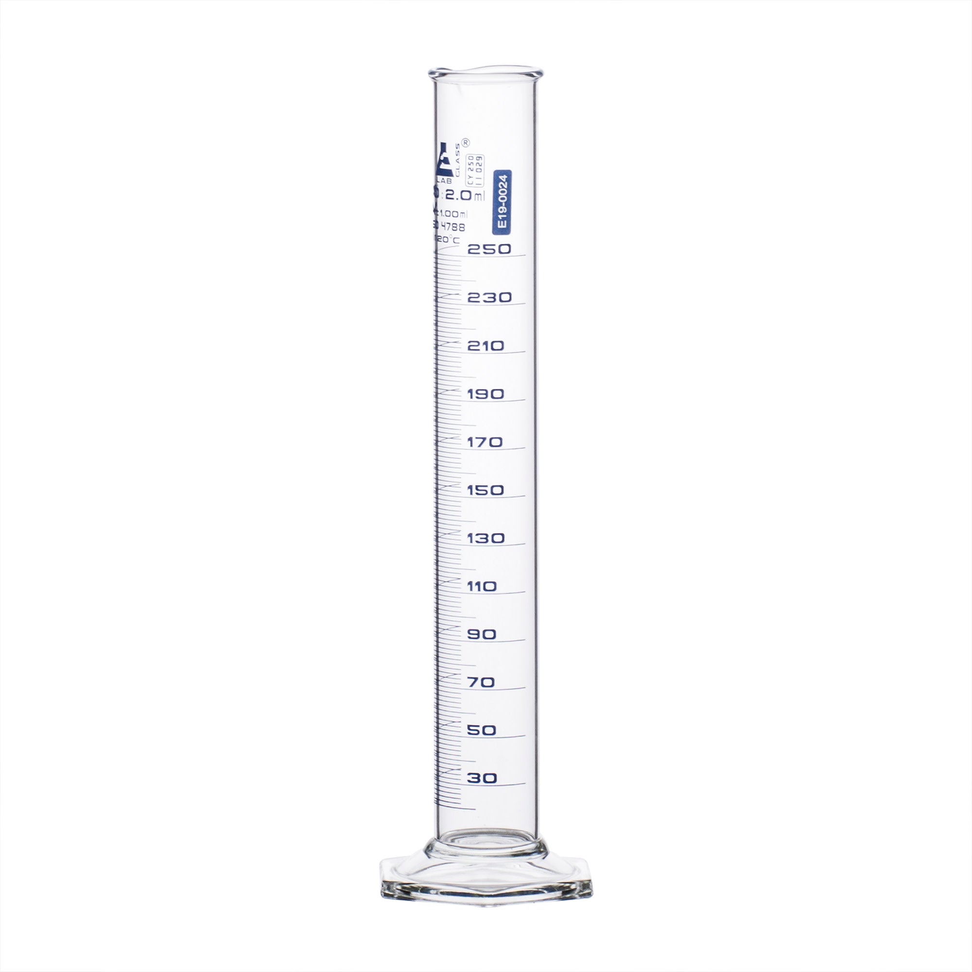 Borosilicate Glass Graduated Cylinder with Hexagonal Base, 250 ml, Class A with Individual Work Certificate