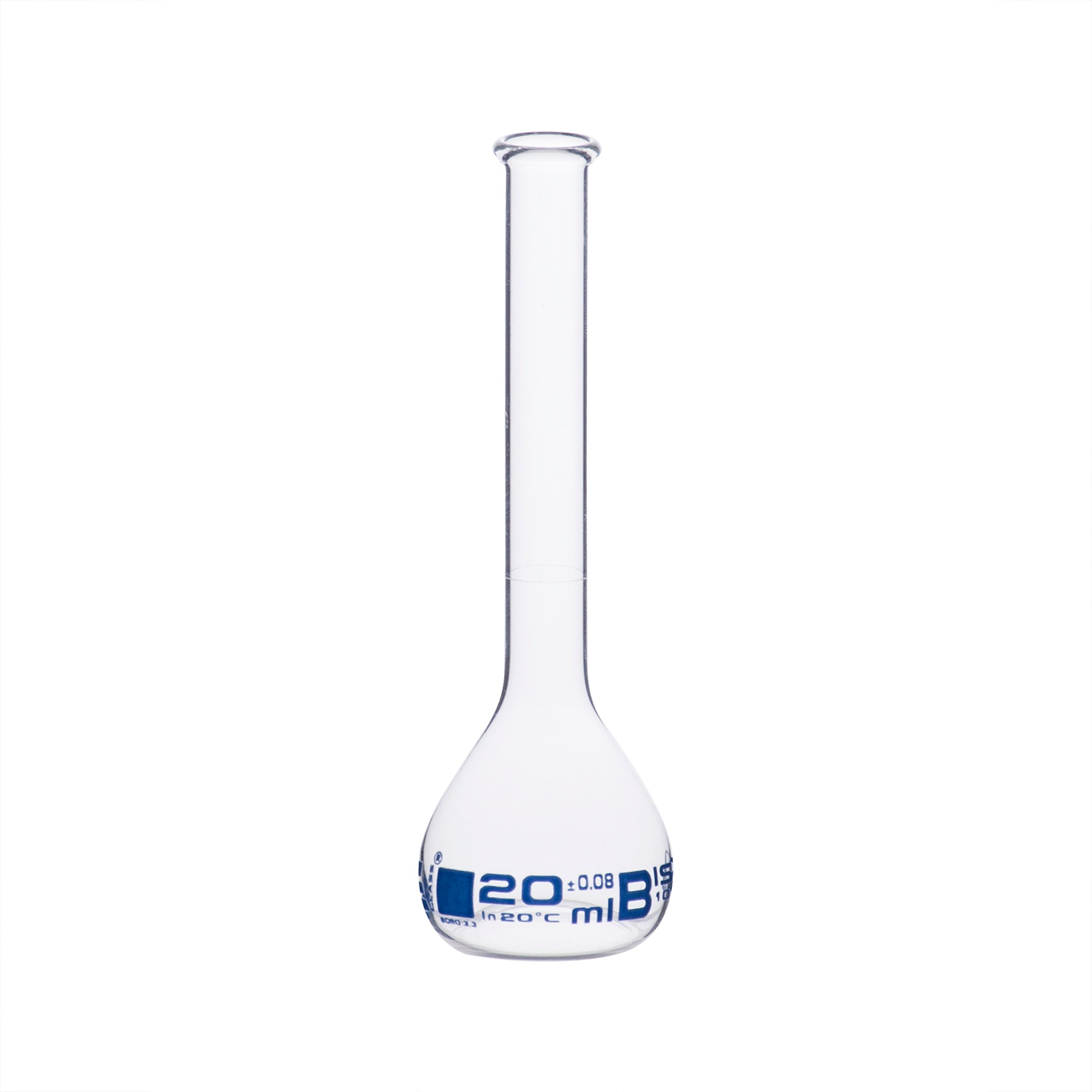 Borosilicate Glass Volumetric Flask with Beaded Rim, 20ml, Class B, Blue Print, Autoclavable