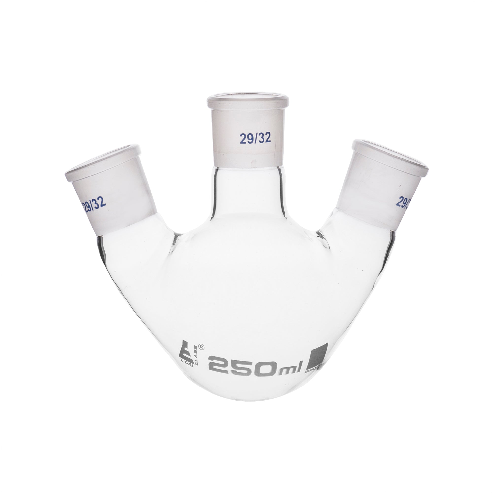 Borosilicate Glass 3 Neck Distillation Flask, 250ml, 29/32 Oblique Neck, 29/32 Side Joint, Autoclavable
