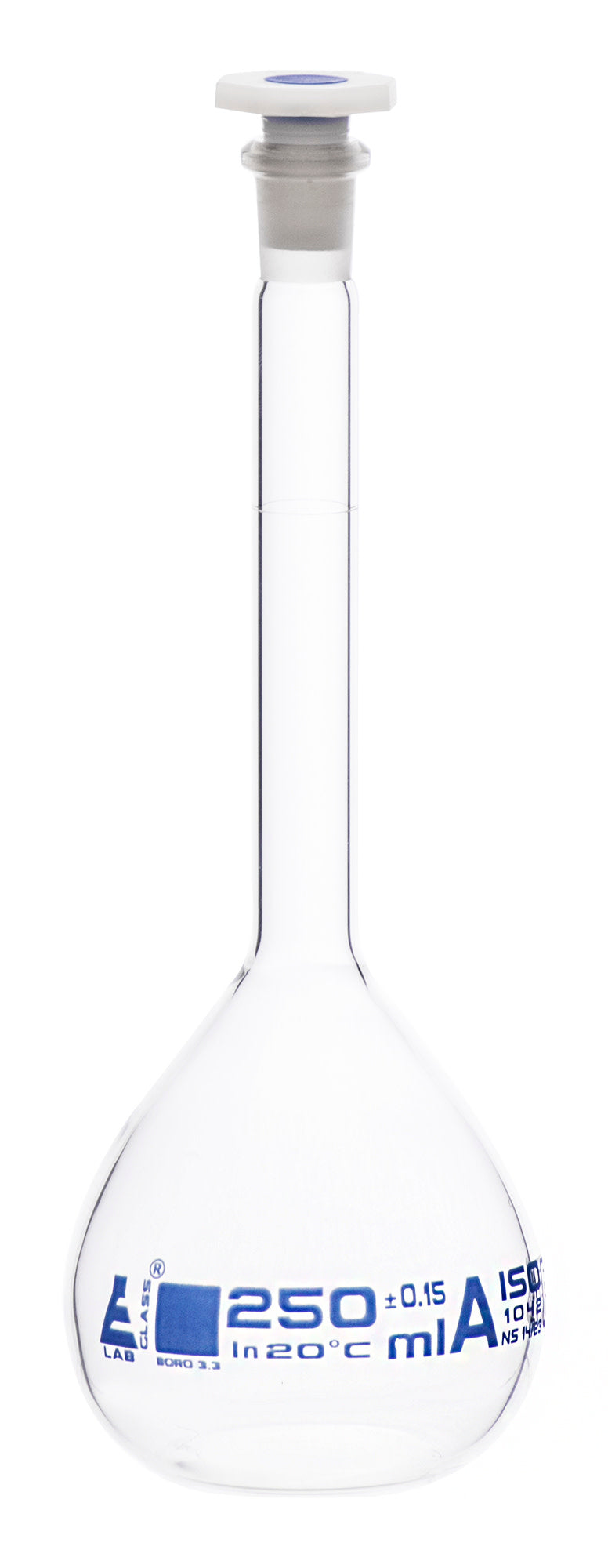 Borosilicate Glass Volumetric Flask with Polypropylene Stopper, 250 ml, Class A with Individual Work Certificate, Pack of 2,  Autoclavable