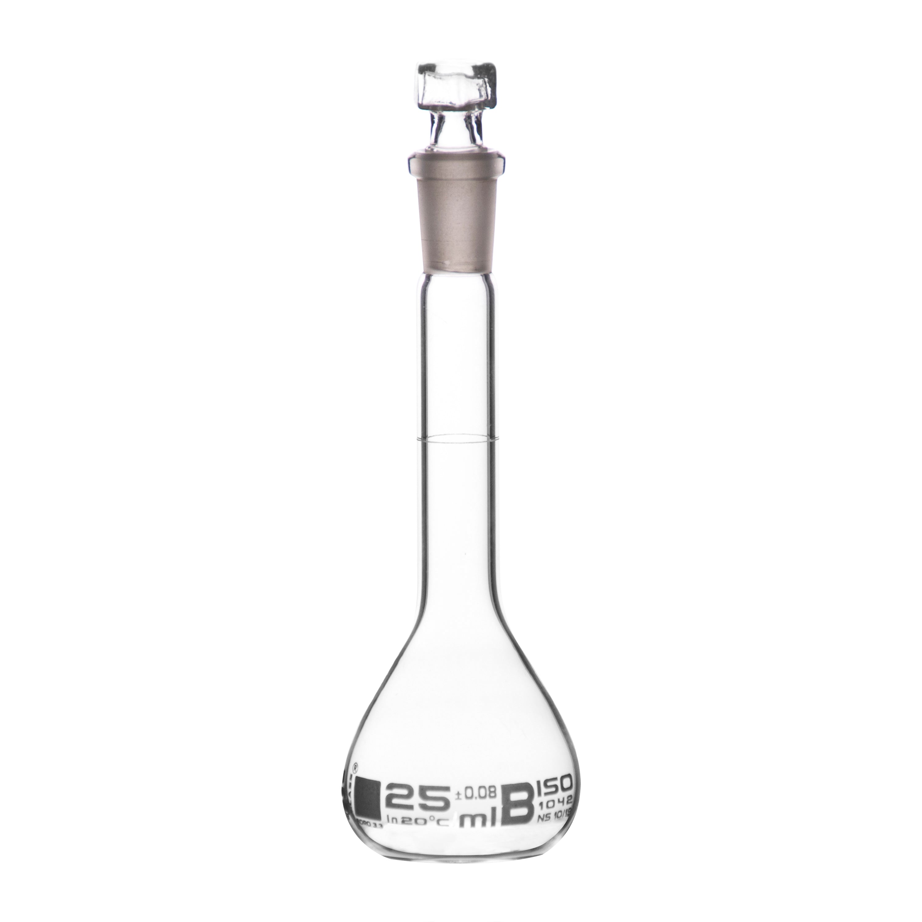 Borosilicate Volumetric Flask with Hollow Glass Stopper, 25ml, Class B, White Print, Autoclavable