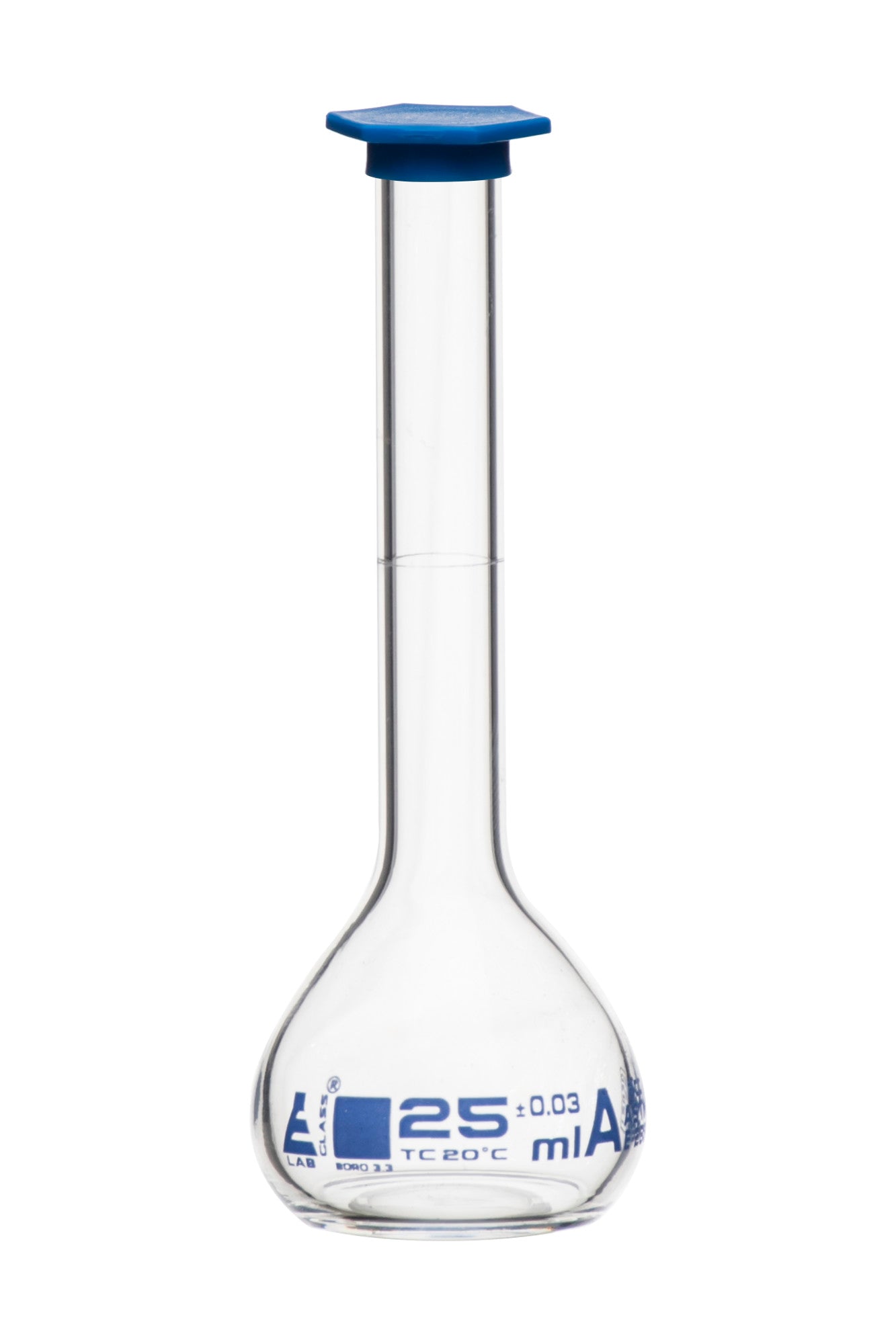 Borosilicate Volumetric Flask with Polyethylene Snap Cap, 25 ml, Class A, Blue Print, ASTM, Autoclavable