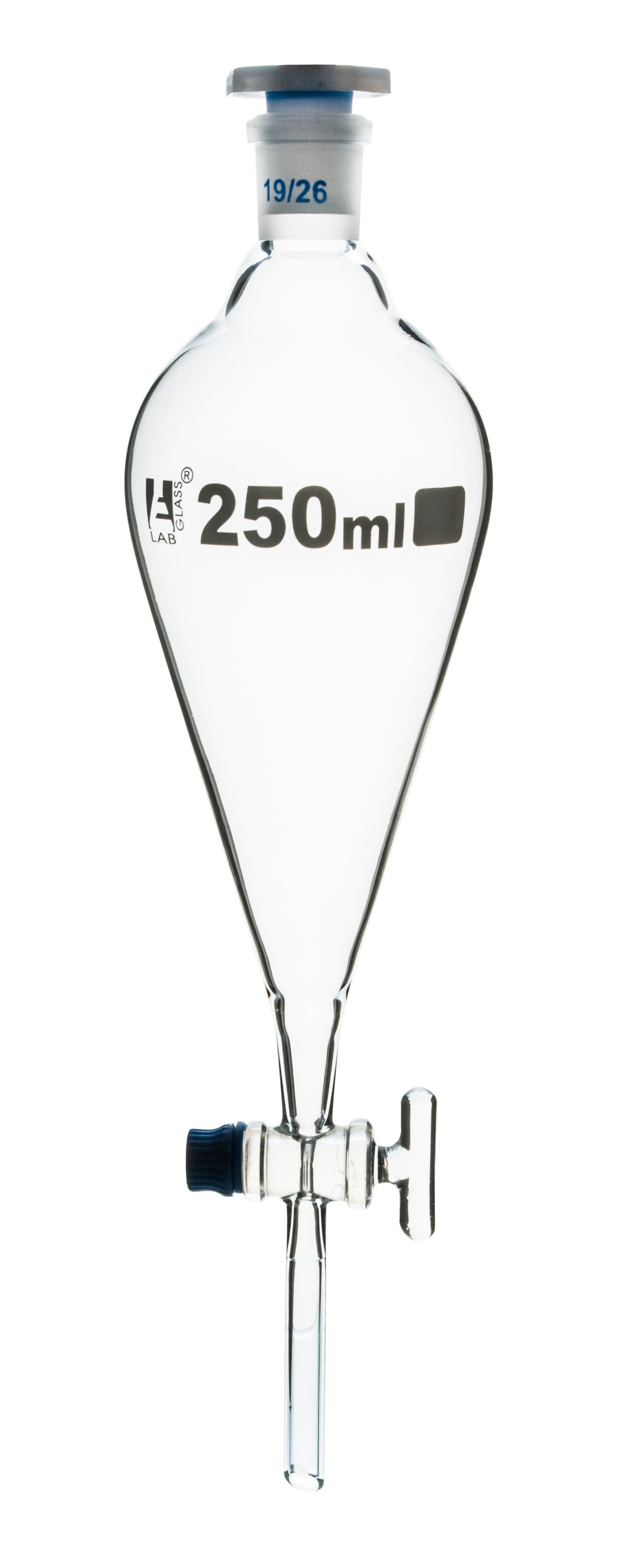Glass Squibb Separatory Funnel with Glass Key Stopcock and Interchangeable Polypropylene Stopper, 250 ml, Autoclavable