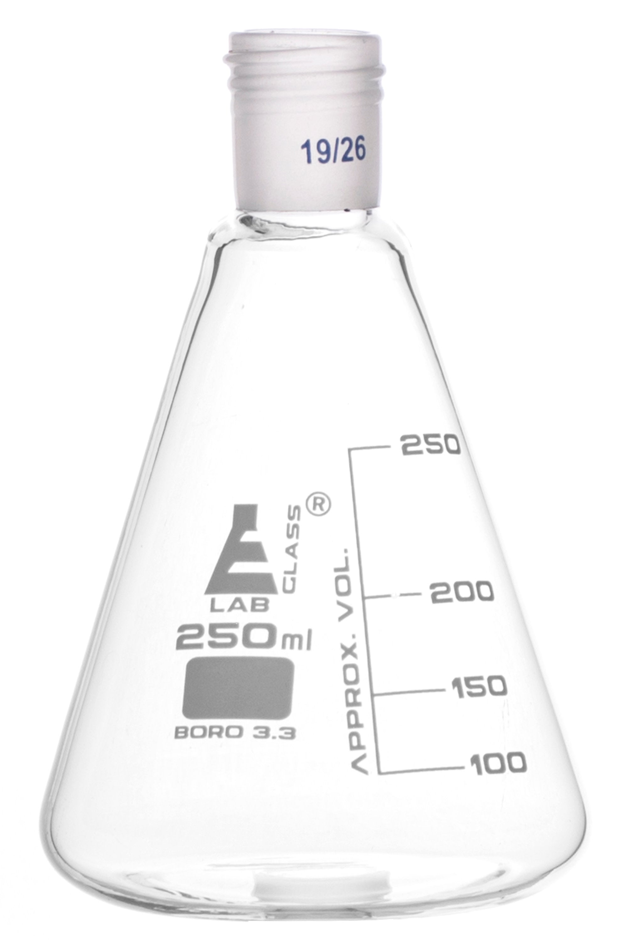 Borosilicate Glass Erlenmeyer Flask with 19/26 Screw Thread Neck Joint, 250 ml, 50 ml Graduations, Autoclavable