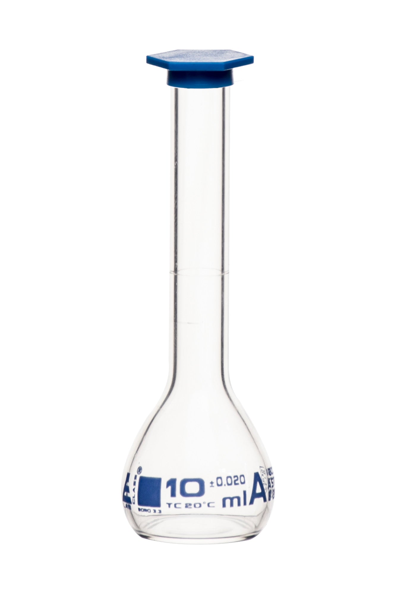 Borosilicate Volumetric Flask with Polyethylene Snap Cap, 10 ml, Class A, Blue Print, ASTM, Autoclavable