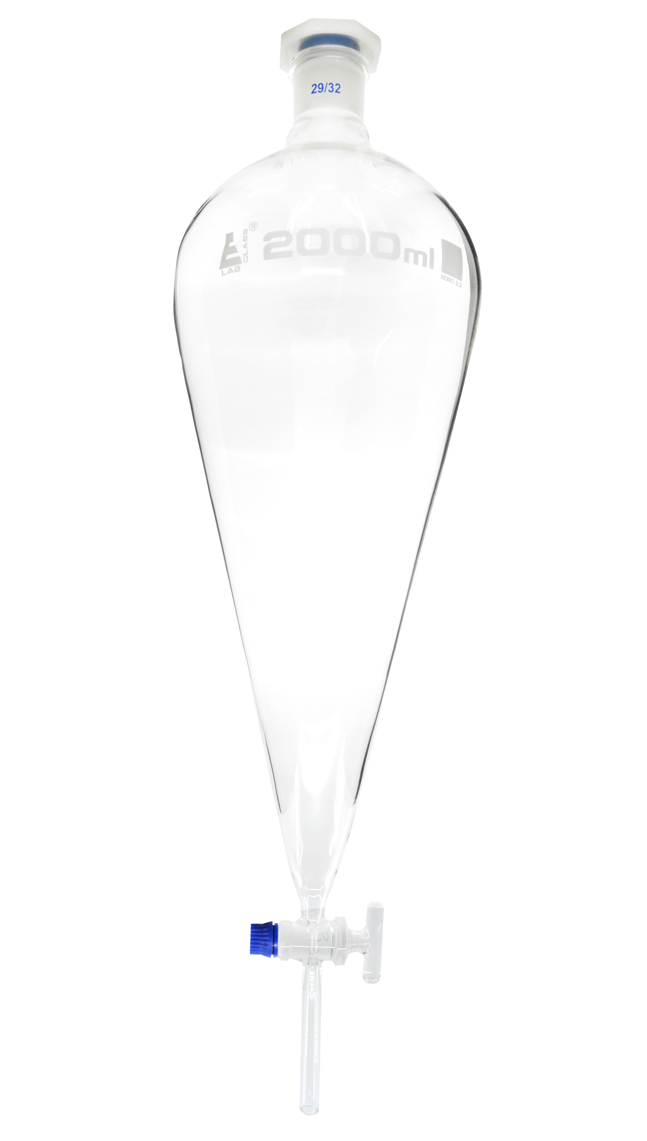 Glass Squibb Separatory Funnel with Glass Key Stopcock and Interchangeable Polypropylene Stopper, 2,000 ml, Autoclavable