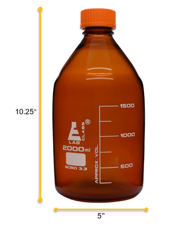 Amber Borosilicate Glass Reagent Bottle with Screw Cap, 2000 ml with Graduations, Autoclavable