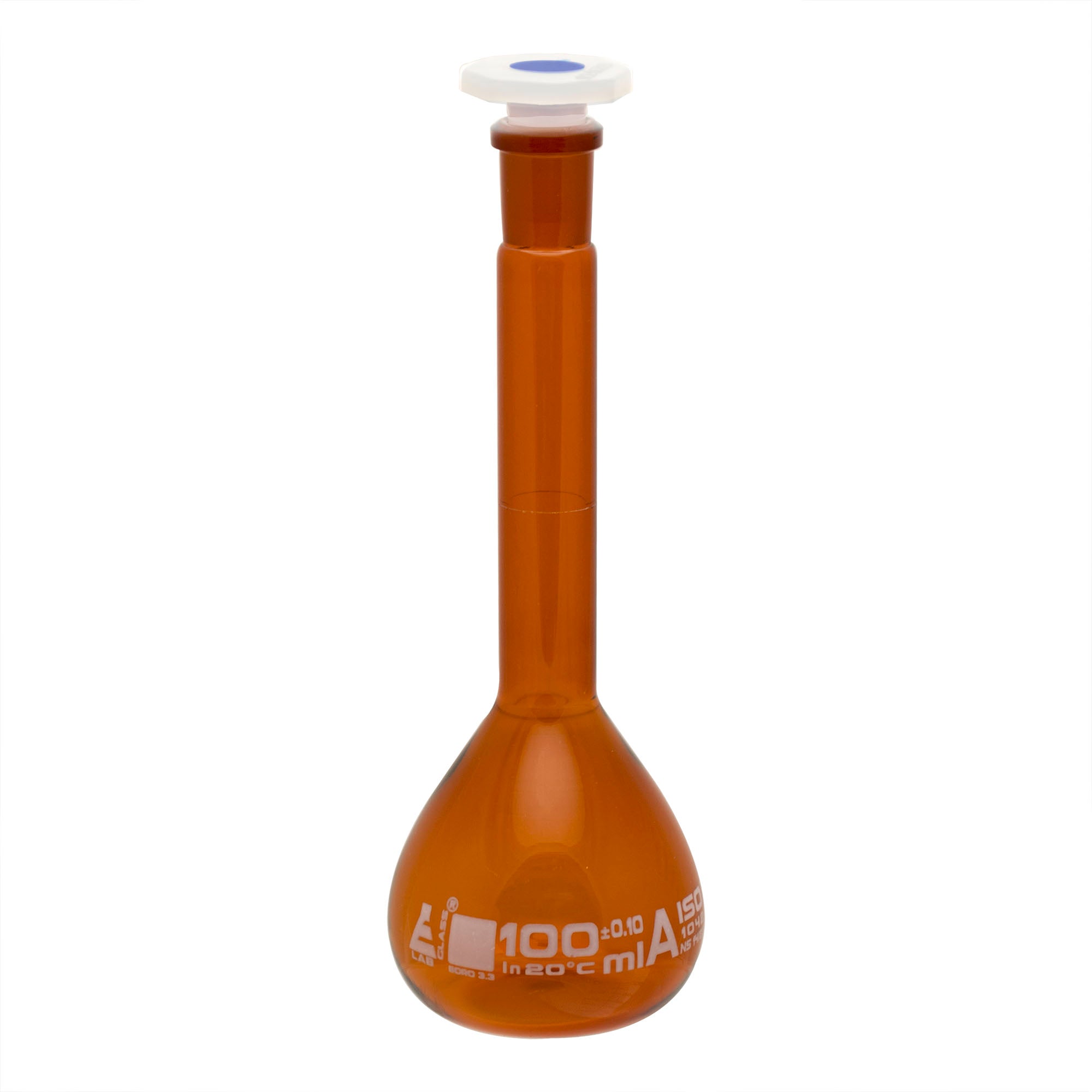 Amber Borosilicate Volumetric Flask with Polyethylene Stopper, 100ml, Class A, White Print, Autoclavable