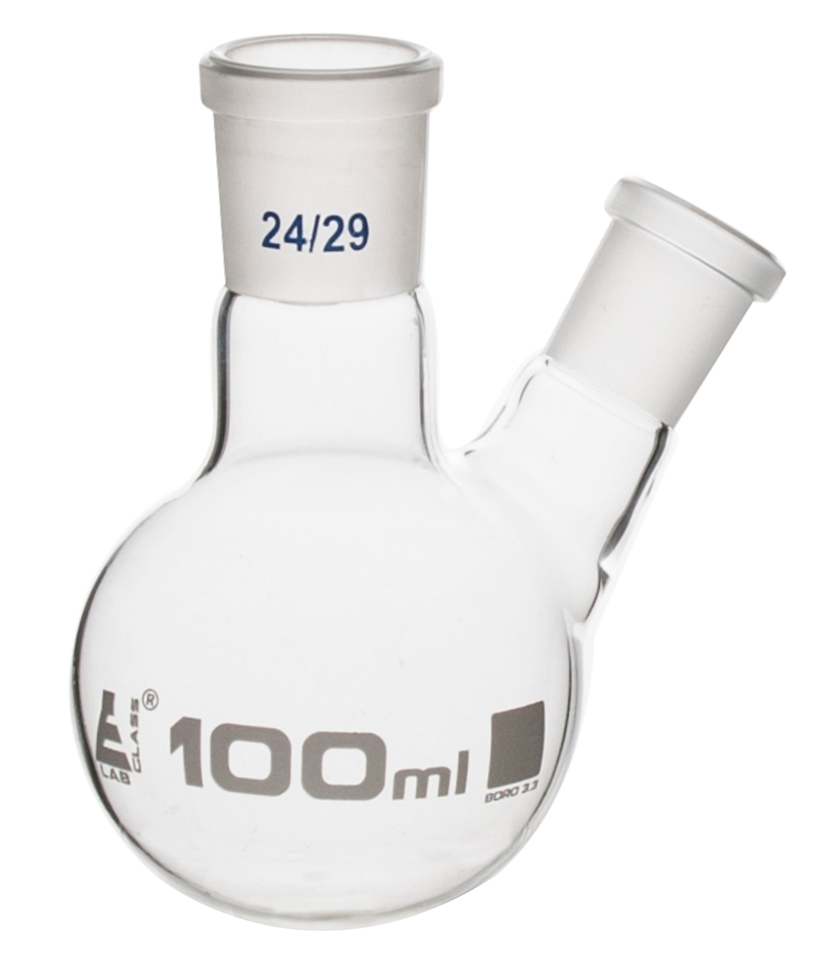Borosilicate Glass 2 Neck Distillation Flask, 100ml, 24/29 Oblique Neck, 14/23 Side Joint, Autoclavable