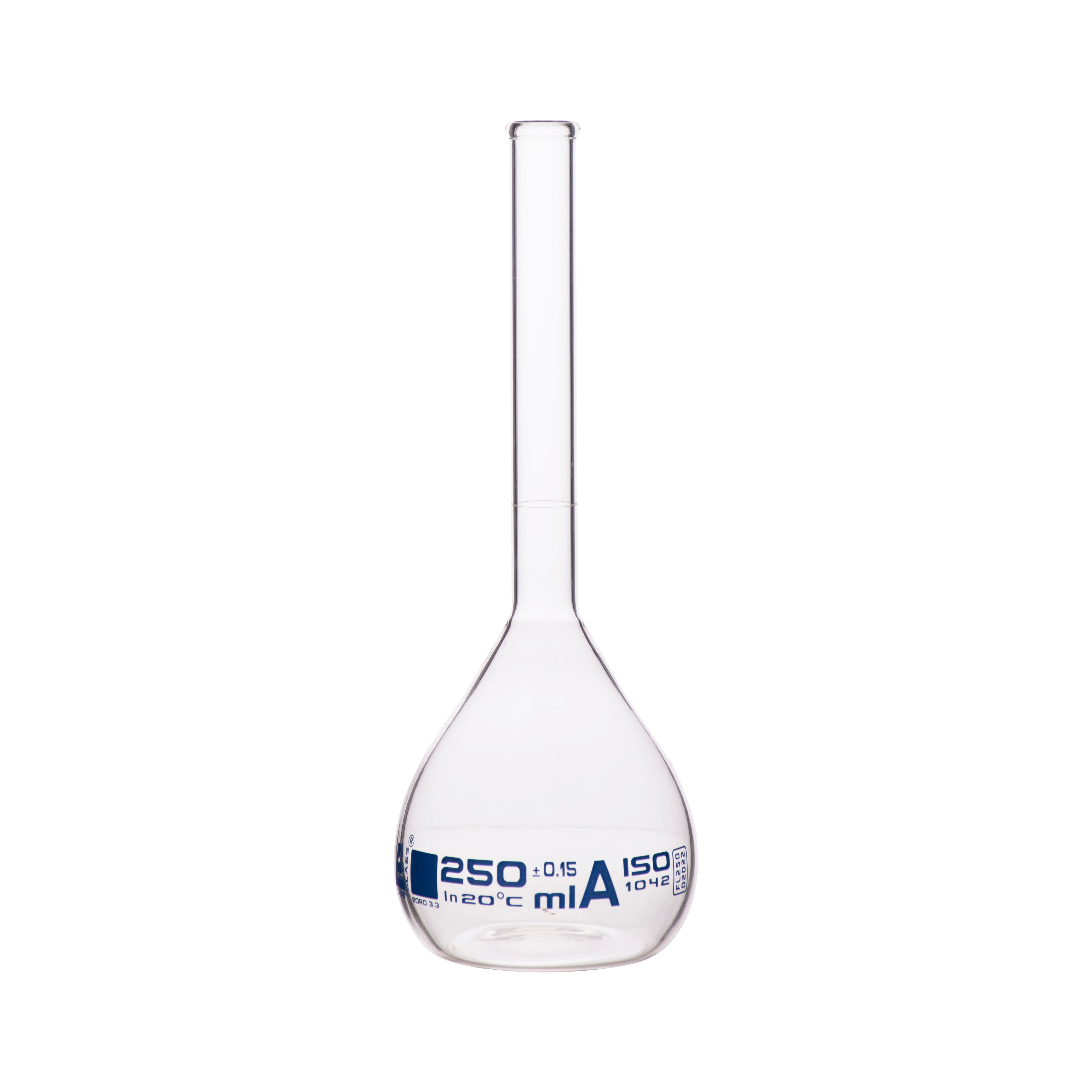 Borosilicate Glass Volumetric Flask with Beaded Rim, 250ml, Class A, Blue Print, Autoclavable