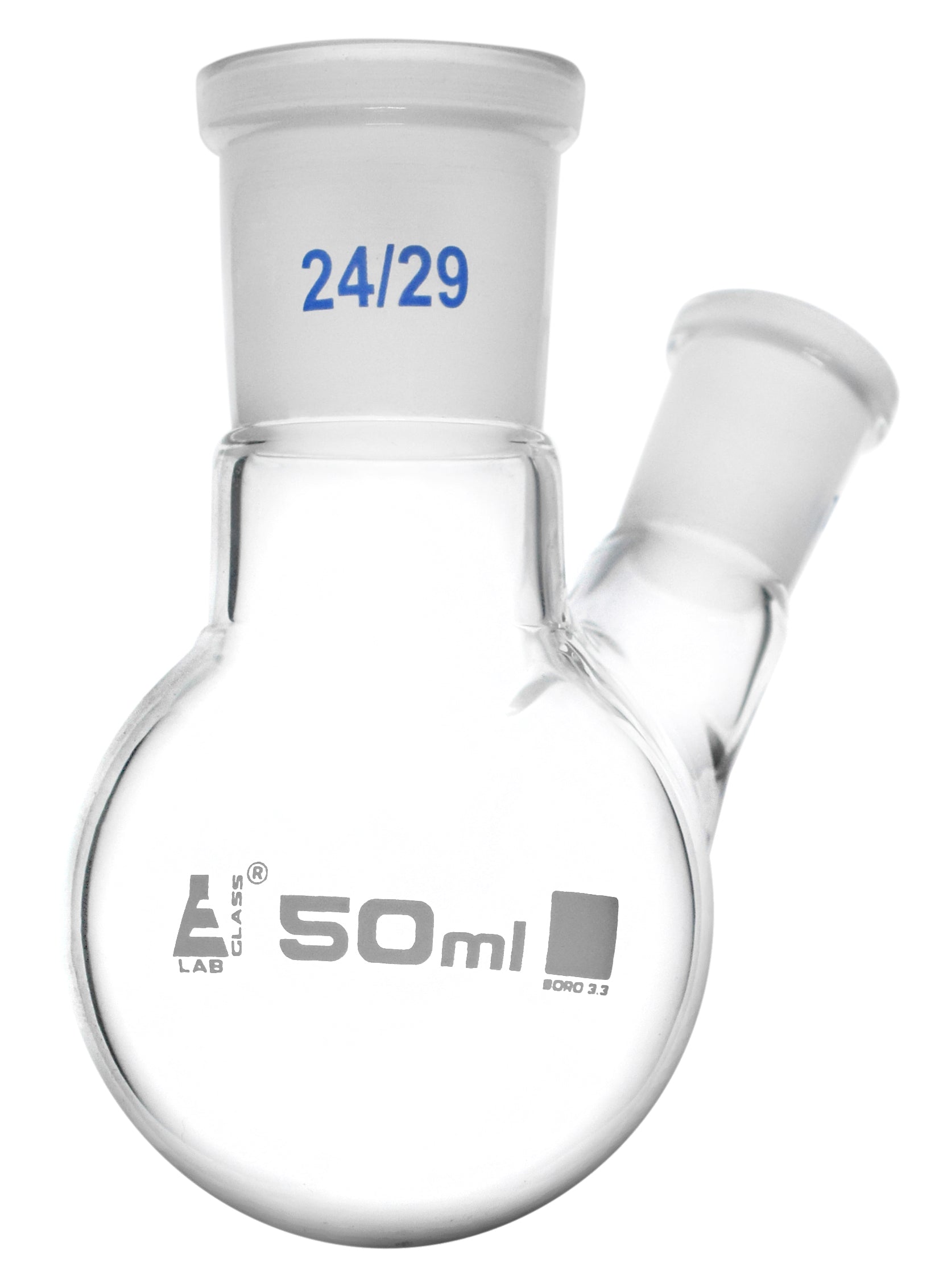 Borosilicate Glass 2 Neck Distillation Flask, 50ml, 24/29 Oblique Neck, 14/23 Side Joint, Autoclavable