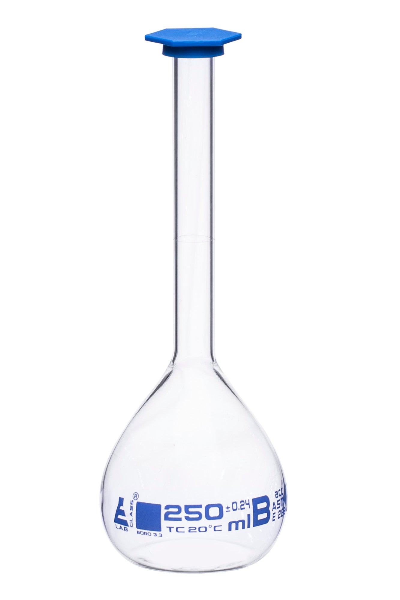 Borosilicate Volumetric Flask with Polyethylene Snap Cap, 250 ml, Class B, Blue Print, ASTM, Autoclavable