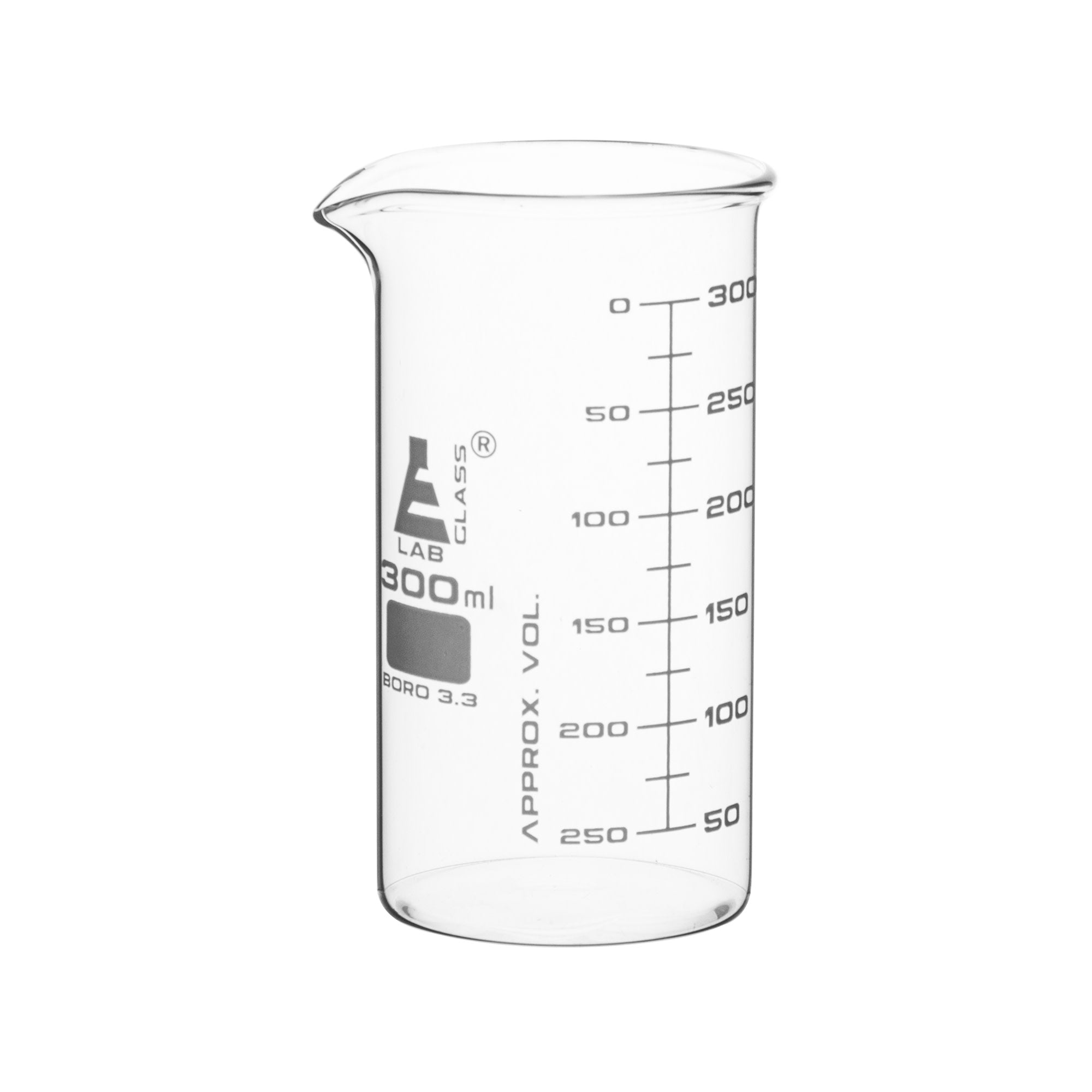 Borosilicate ASTM Tall Form Beaker, 300ml, 25ml Graduation, Autoclavable
