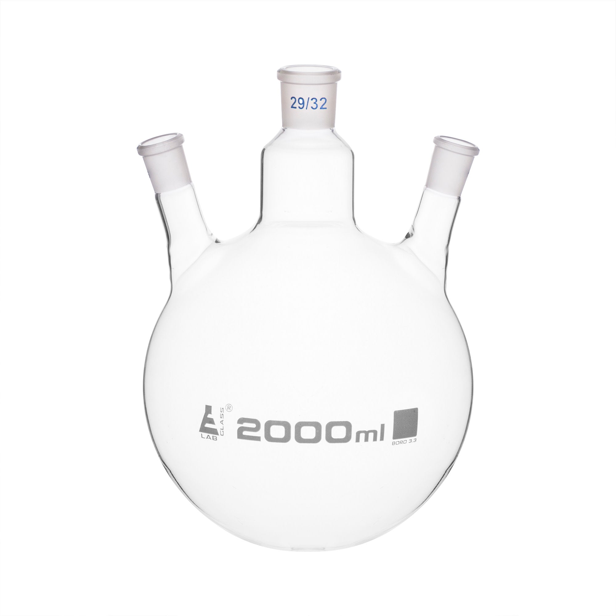 Borosilicate Glass 3 Neck Distillation Flask, 2000ml, 29/32 Oblique Neck, 24/29 Side Joint, Autoclavable