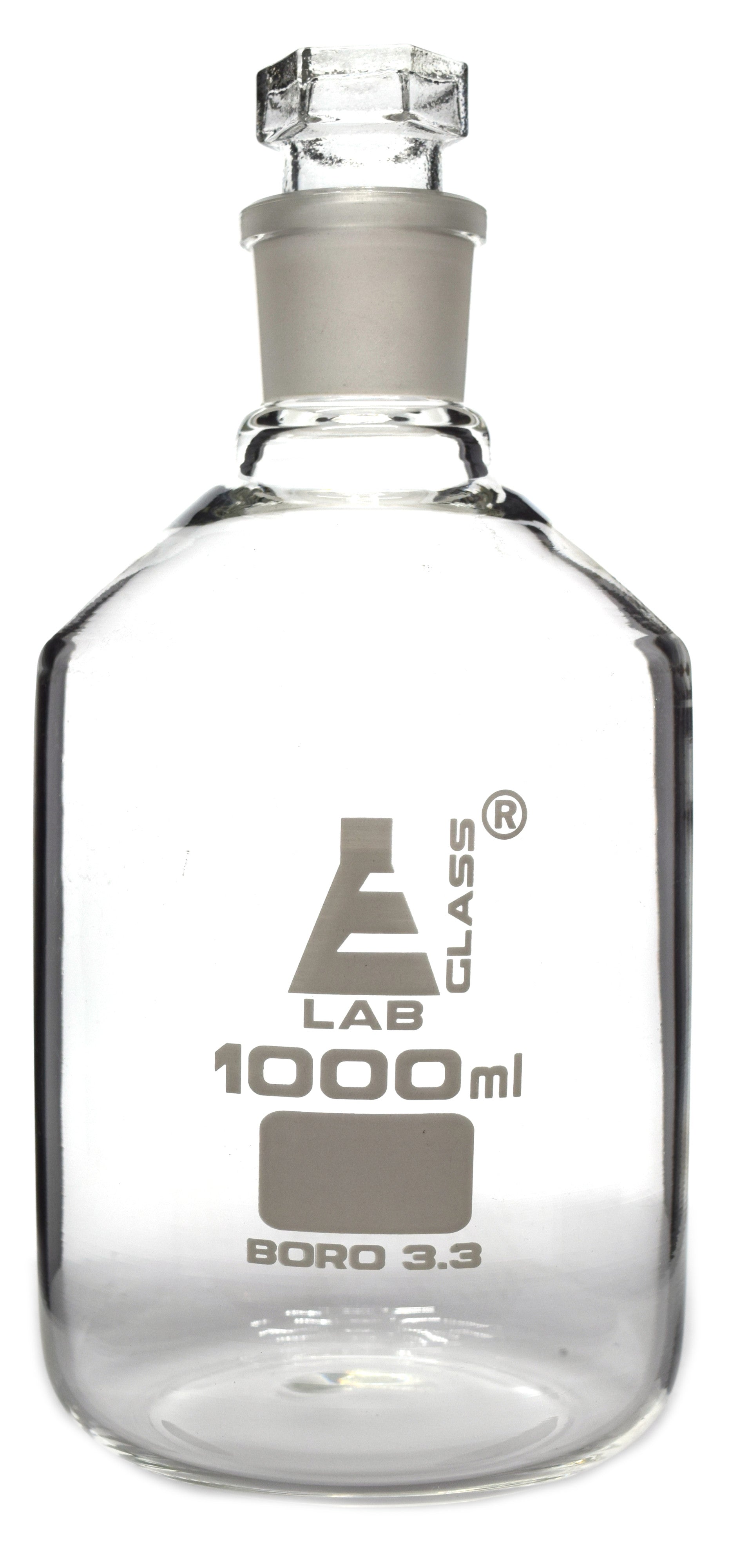 Clear Borosilicate Glass Reagent Bottle with Hollow Glass Stopper, 1000 ml (1 L), Narrow Mouth, Autoclavable