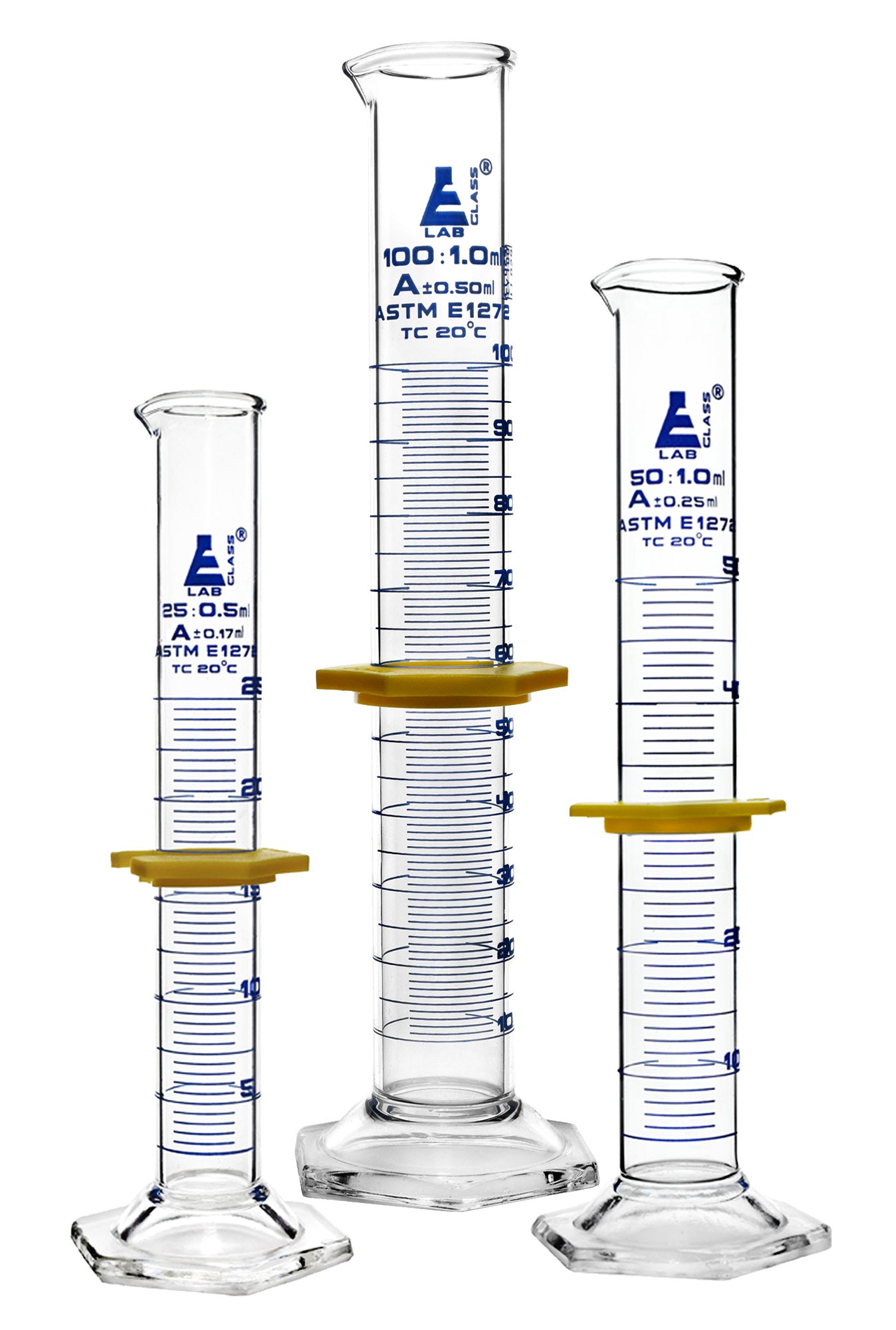 Borosilicate Glass Safety Pack Graduated Cylinder Set (25 ml, 50 ml, 100 ml) with Guard, Class A, ASTM, Autoclavable