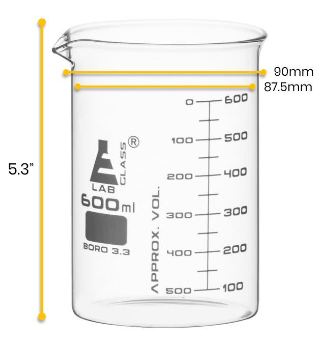 Borosilicate ASTM Low Form Beaker, 600ml, 50ml Graduation, Autoclavable