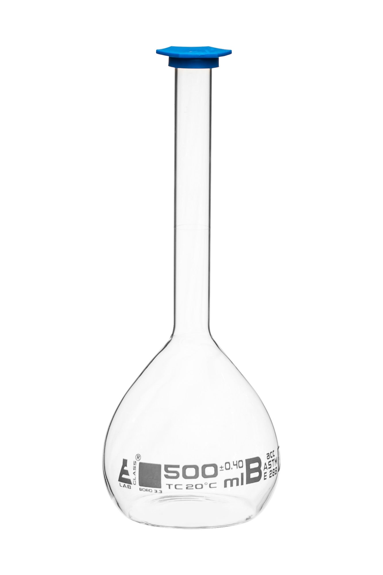 Borosilicate Volumetric Flask with Polyethylene Snap Cap, 500 ml, Class B, White Print, ASTM, Autoclavable