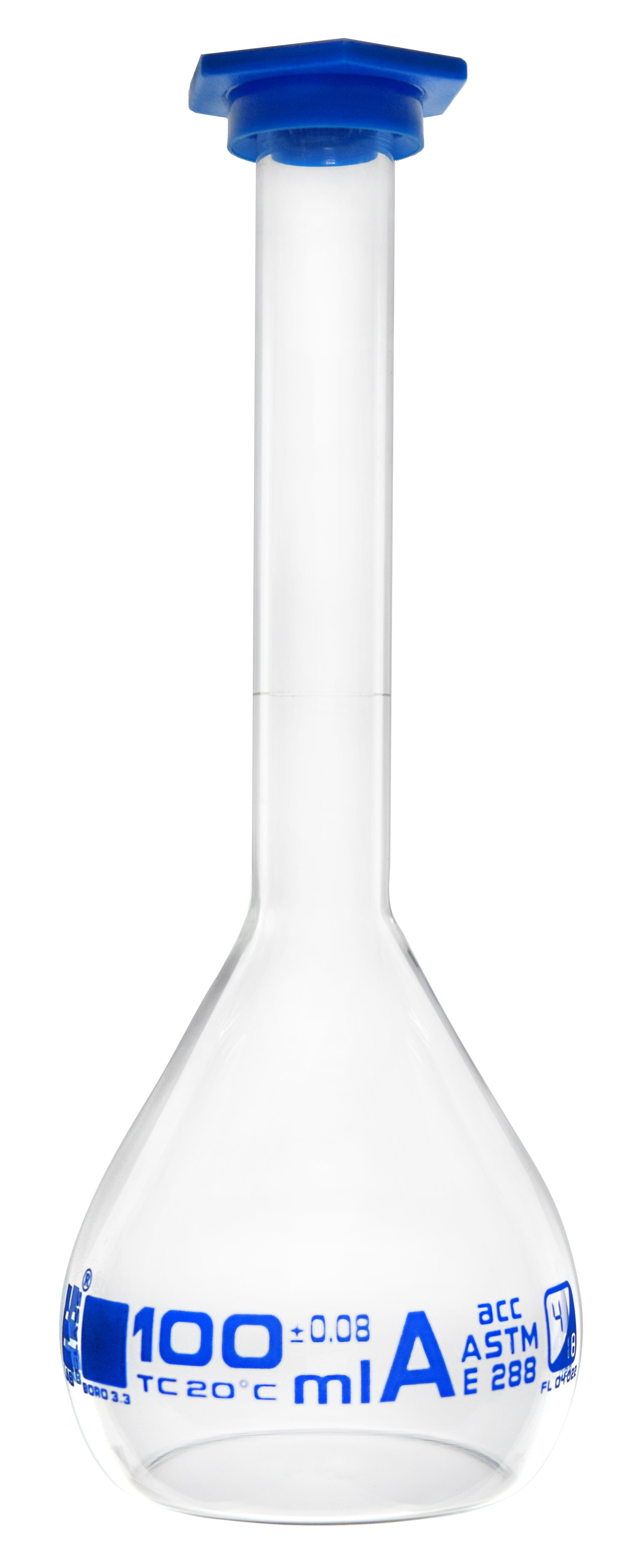 Borosilicate Volumetric Flask with Polyethylene Snap Cap, 100 ml, Class A, Blue Print, ASTM, Autoclavable