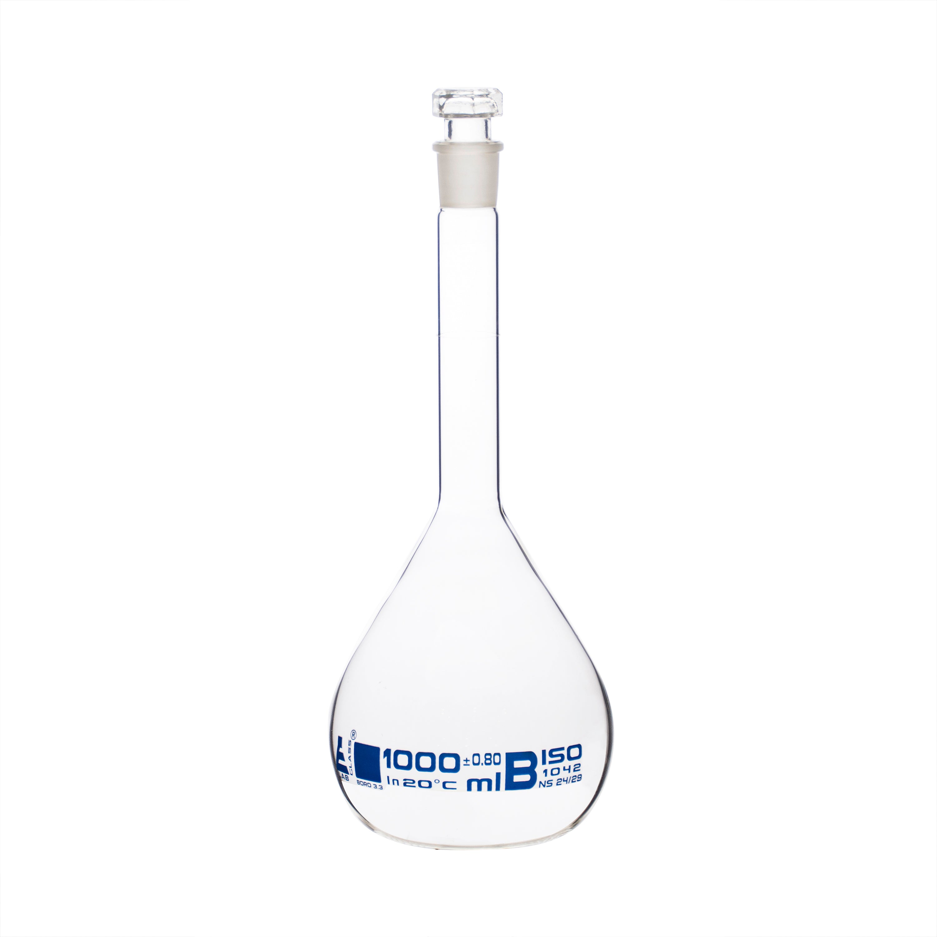 Borosilicate Volumetric Flask with Hollow Glass Stopper, 1000ml, Class B, Blue Print, Autoclavable
