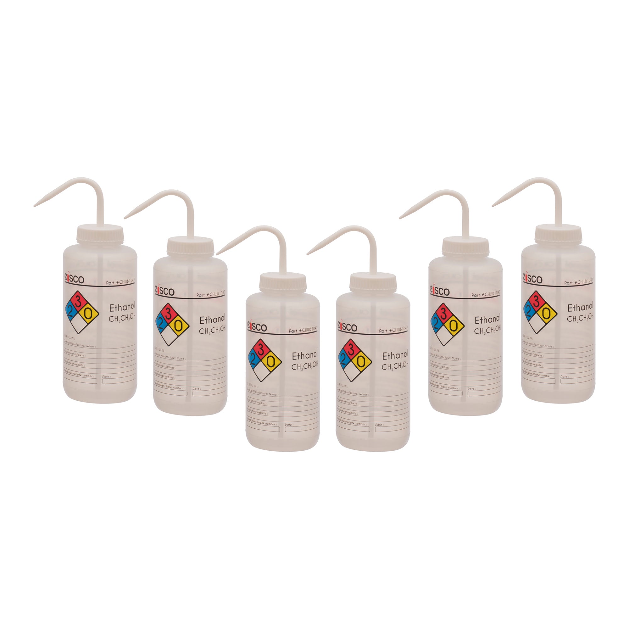 6PK Performance Plastic Wash Bottle, Ethano, 1000 ml - Labeled (4 Color)