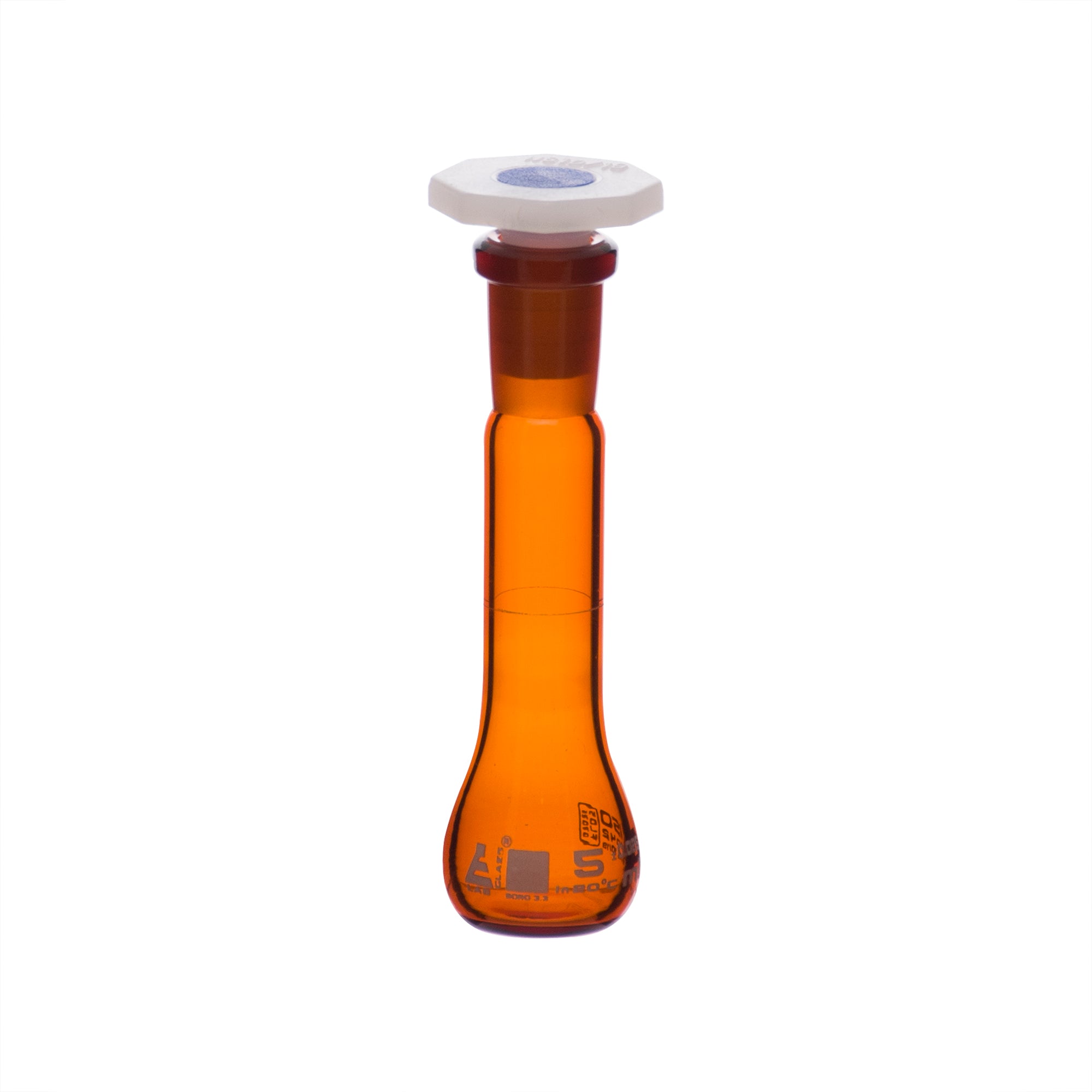 Amber Borosilicate Volumetric Flask with Polyethylene Stopper, 5ml, Class A, White Print, Autoclavable