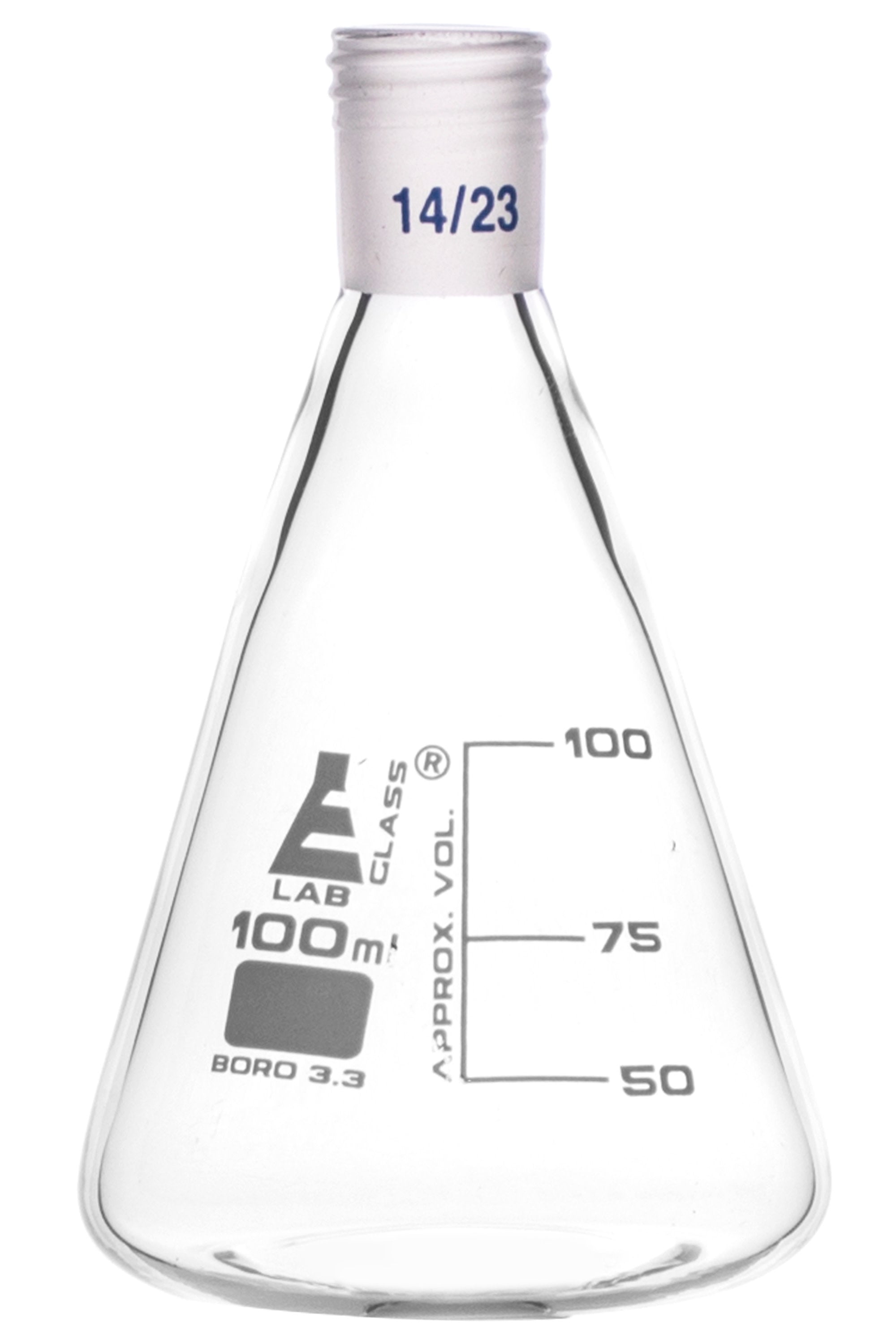 Borosilicate Glass Erlenmeyer Flask with 14/23 Screw Thread Neck Joint, 100 ml, 25 ml Graduations, Autoclavable