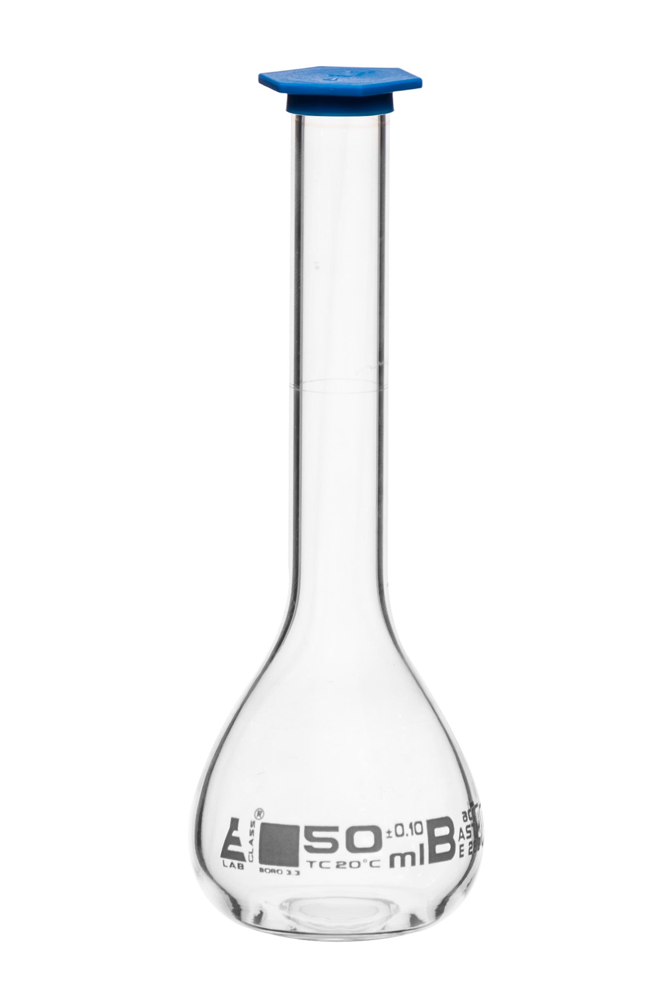 Borosilicate Volumetric Flask with Polyethylene Snap Cap, 50 ml, Class B, White Print, ASTM, Autoclavable