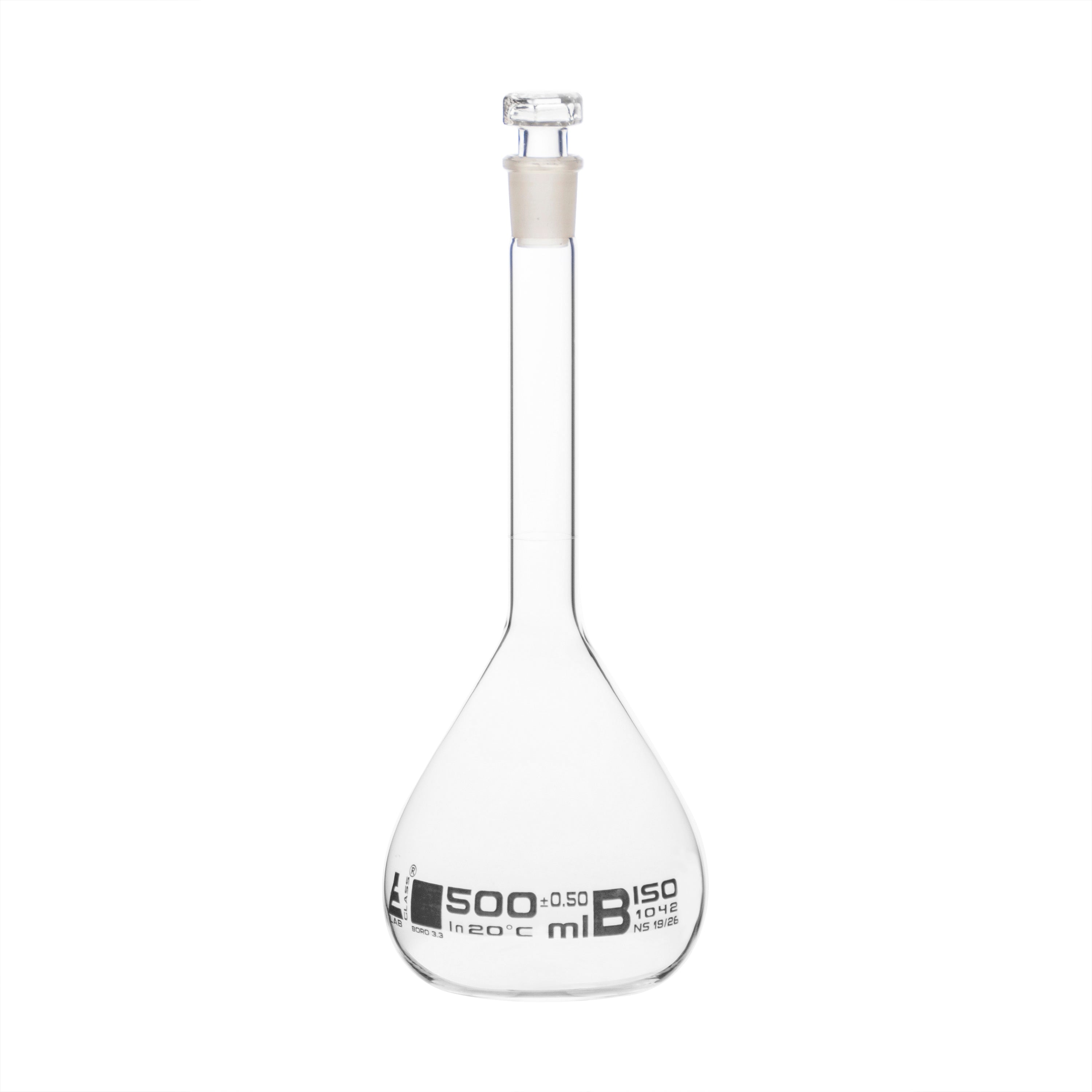 Borosilicate Volumetric Flask with Hollow Glass Stopper, 500ml, Class B, White Print, Autoclavable