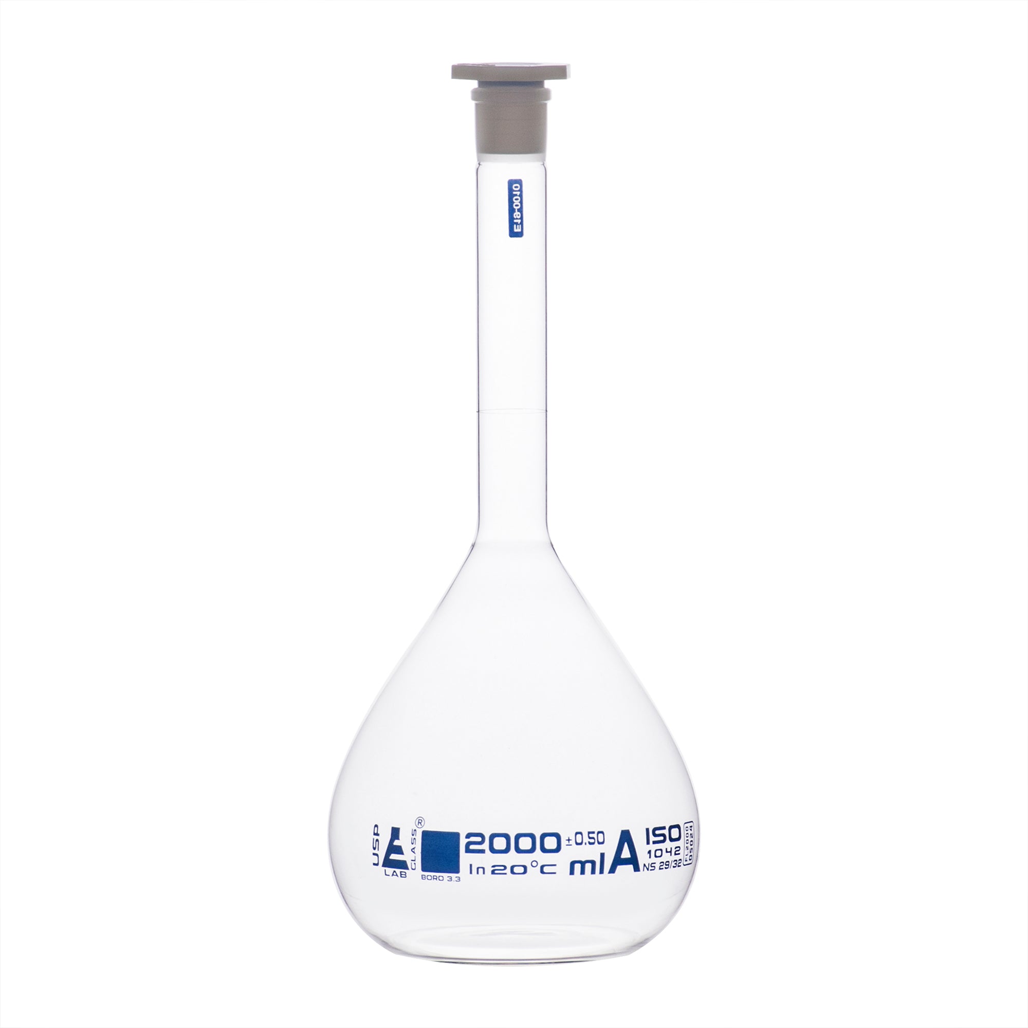 Borosilicate Glass Volumetric Flask with Solid Glass Stopper, 2000 ml, USP Class A with Individual Work Certificate, Autoclavable