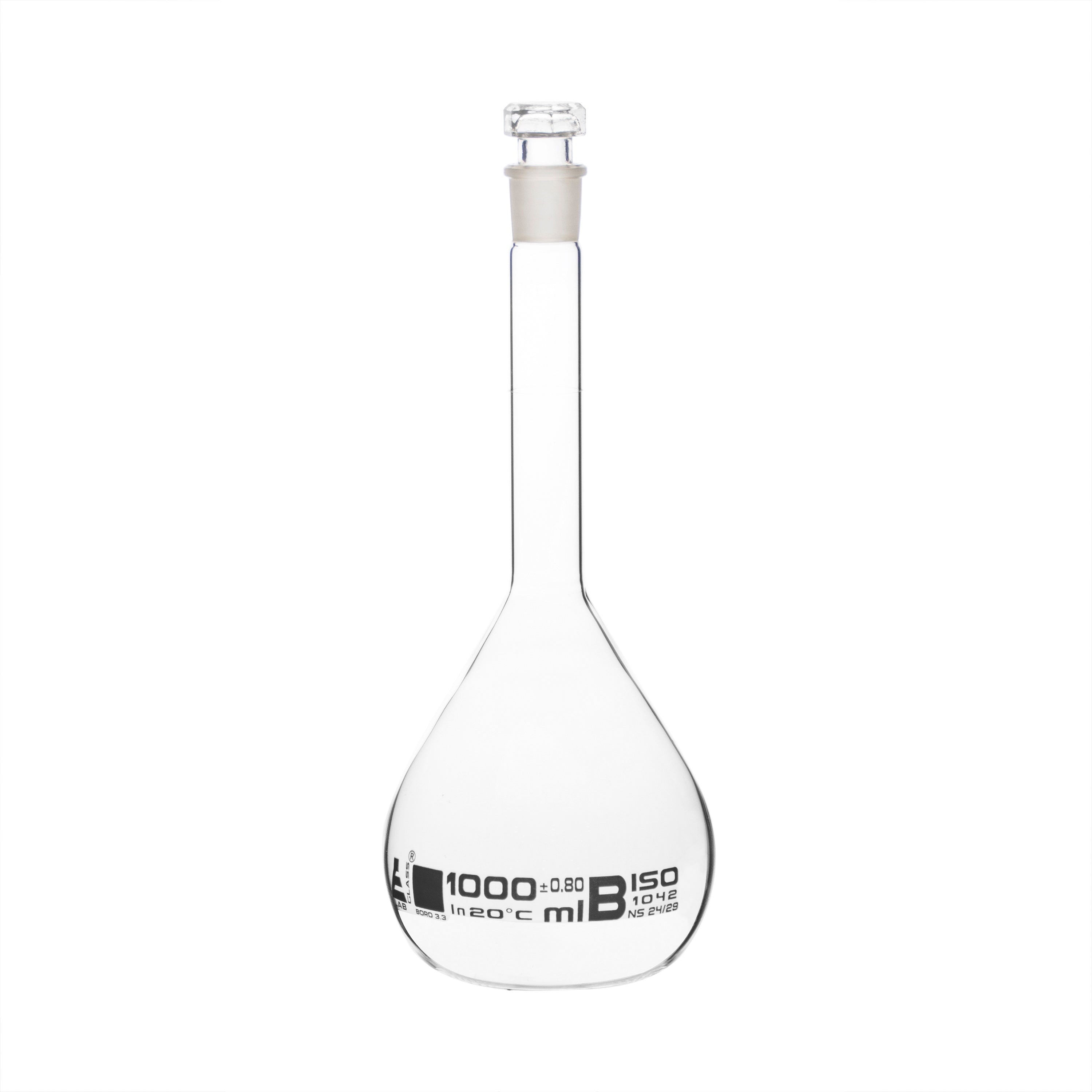 Borosilicate Volumetric Flask with Hollow Glass Stopper, 1000ml, Class B, White Print, Autoclavable