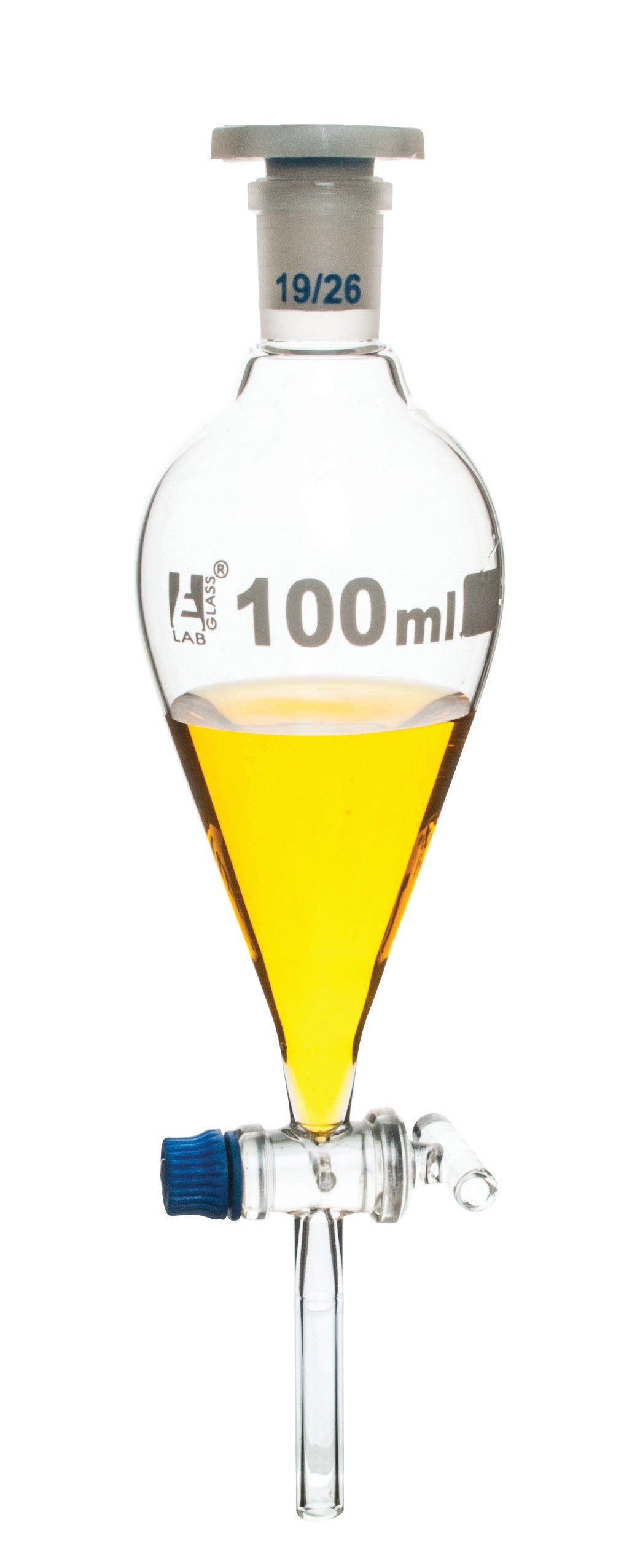 Glass Squibb Separatory Funnel with Glass Key Stopcock and Interchangeable Polypropylene Stopper, 100 ml, Autoclavable