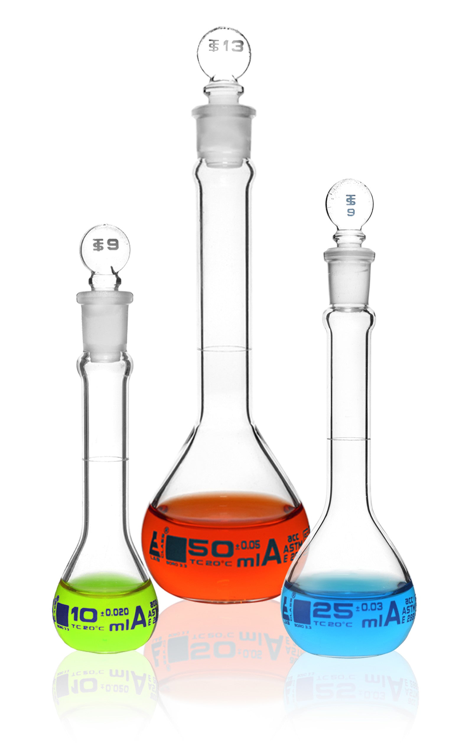 Borosilicate Glass Safety Pack Volumetric Flask Set with Glass Stoppers (10 ml, 25 ml, 50 ml),  Class A, ASTM, Autoclavable