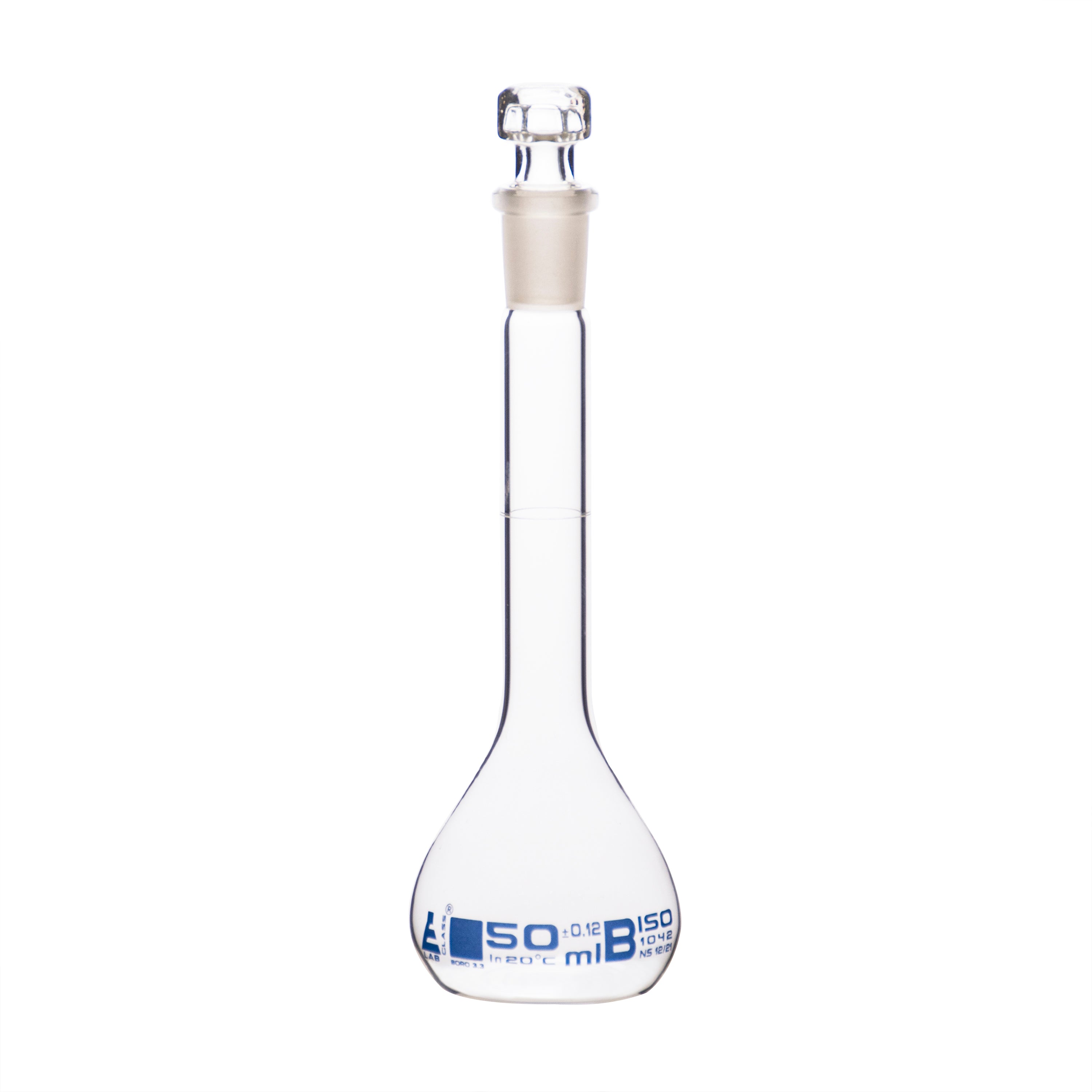 Borosilicate Volumetric Flask with Hollow Glass Stopper, 50ml, Class B, Blue Print, Autoclavable