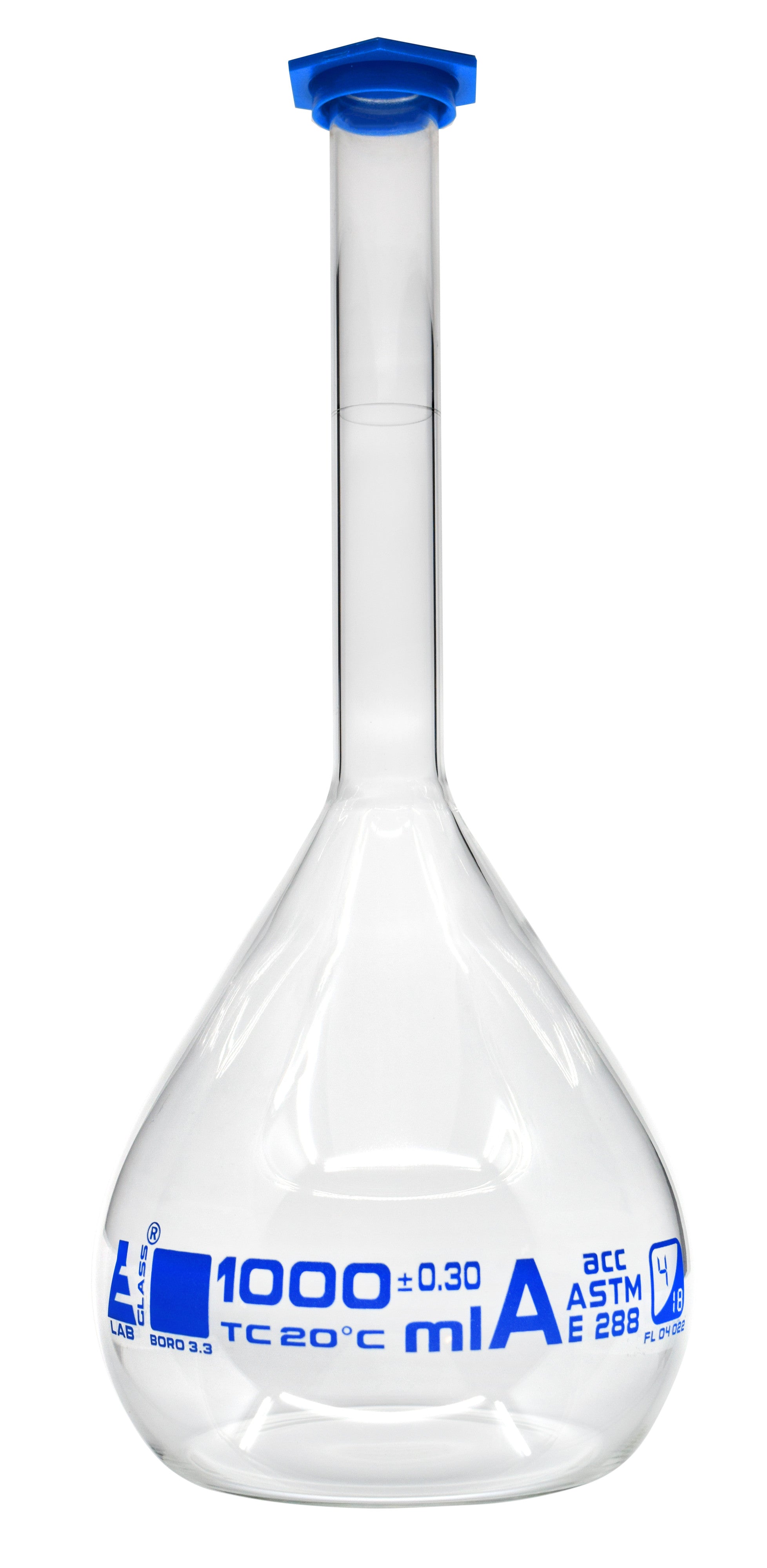Borosilicate Volumetric Flask with Polyethylene Snap Cap, 1000 ml, Class A, Blue Print, ASTM, Autoclavable