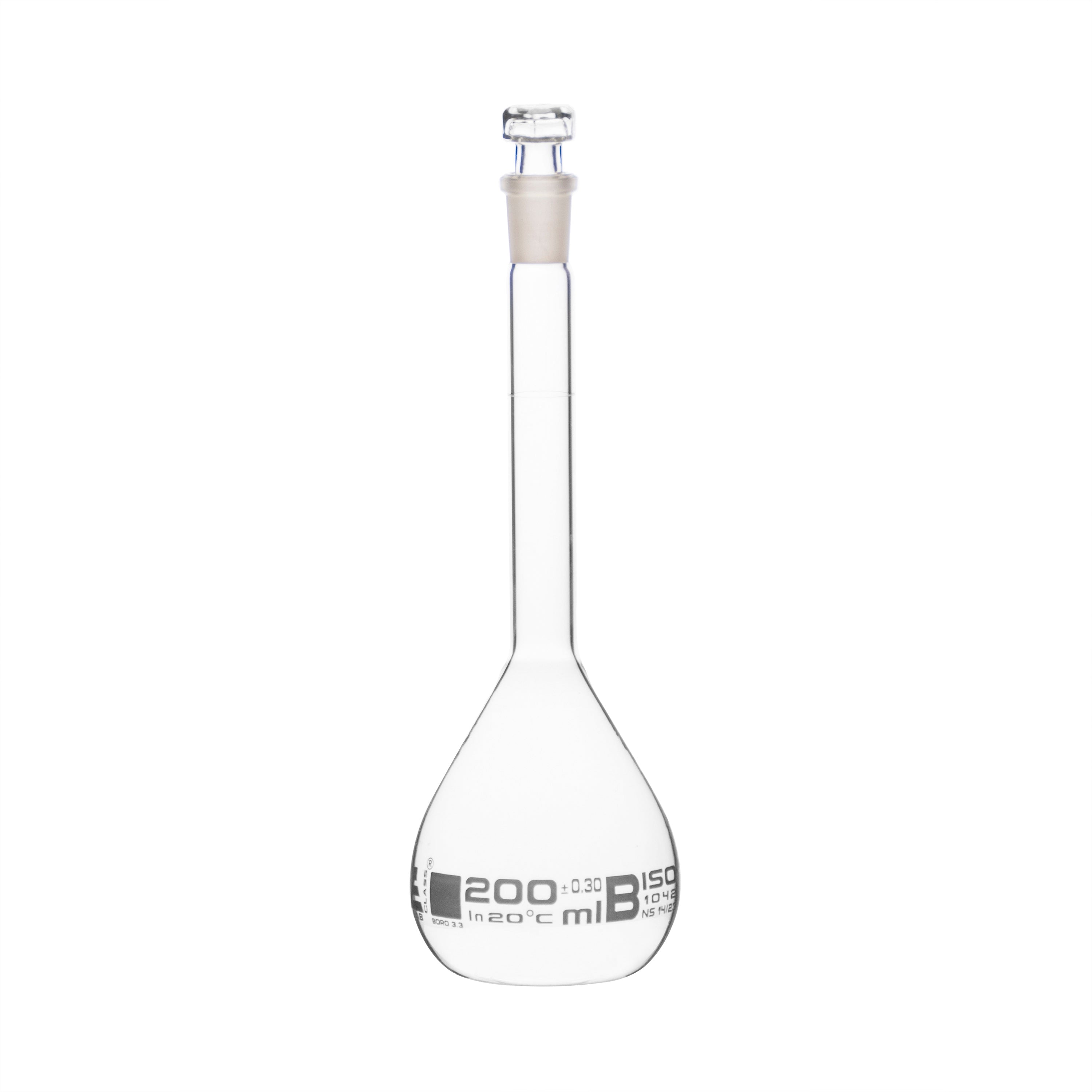 Borosilicate Volumetric Flask with Hollow Glass Stopper, 200ml, Class B, White Print, Autoclavable