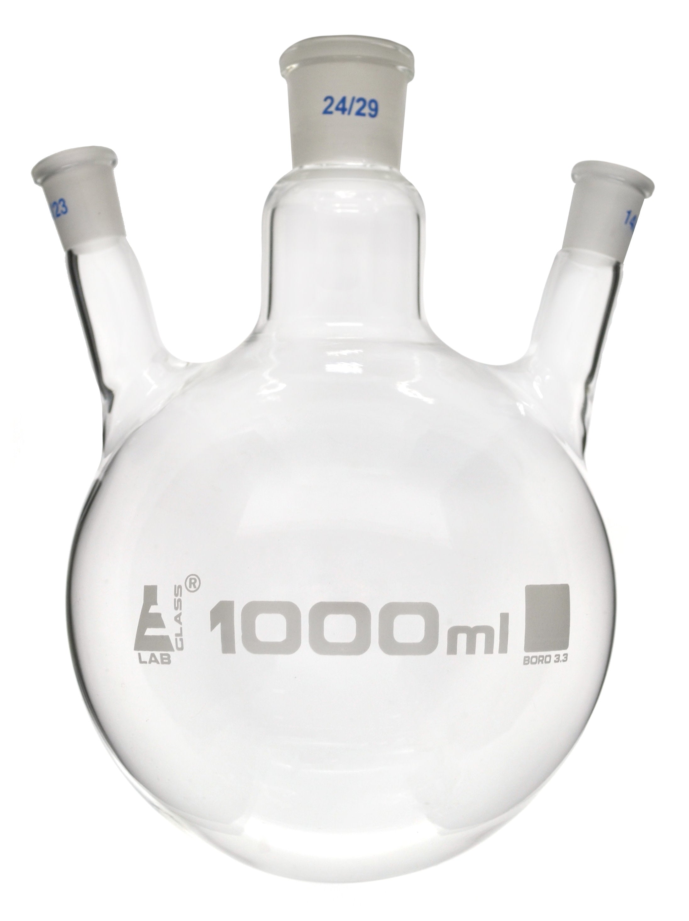 Borosilicate Glass 3 Neck Distillation Flask, 1000ml, 24/29 Oblique Neck, 14/23 Side Joint, Autoclavable