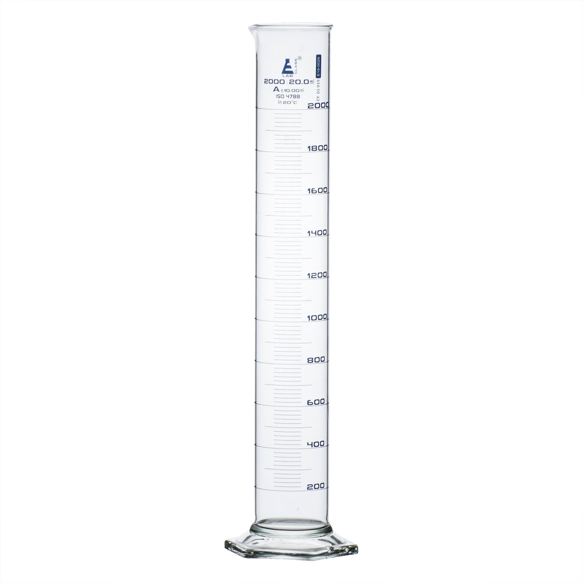Borosilicate Glass Graduated Cylinder with Hexagonal Base, 2000 ml, Class A with Individual Work Certificate