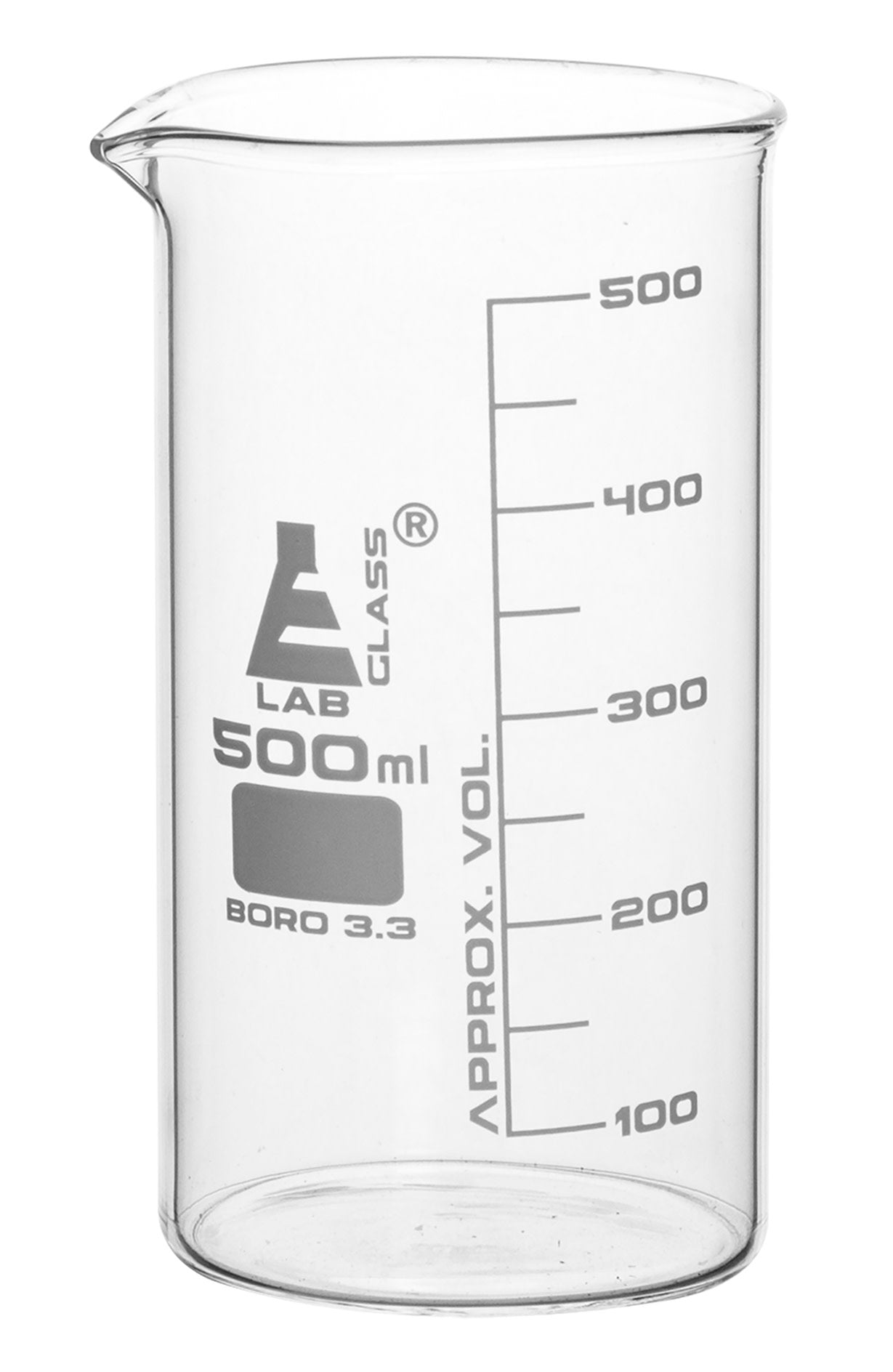 Borosilicate Tall Form Beaker, 500ml, 50ml Graduation, Autoclavable