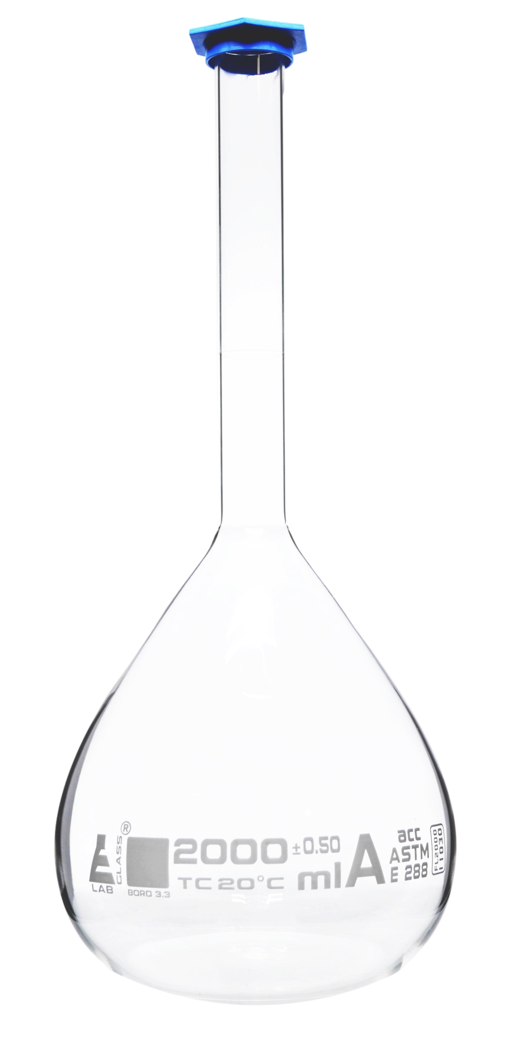 Borosilicate Volumetric Flask with Polyethylene Snap Cap, 2000 ml, Class A, White Print, ASTM, Autoclavable