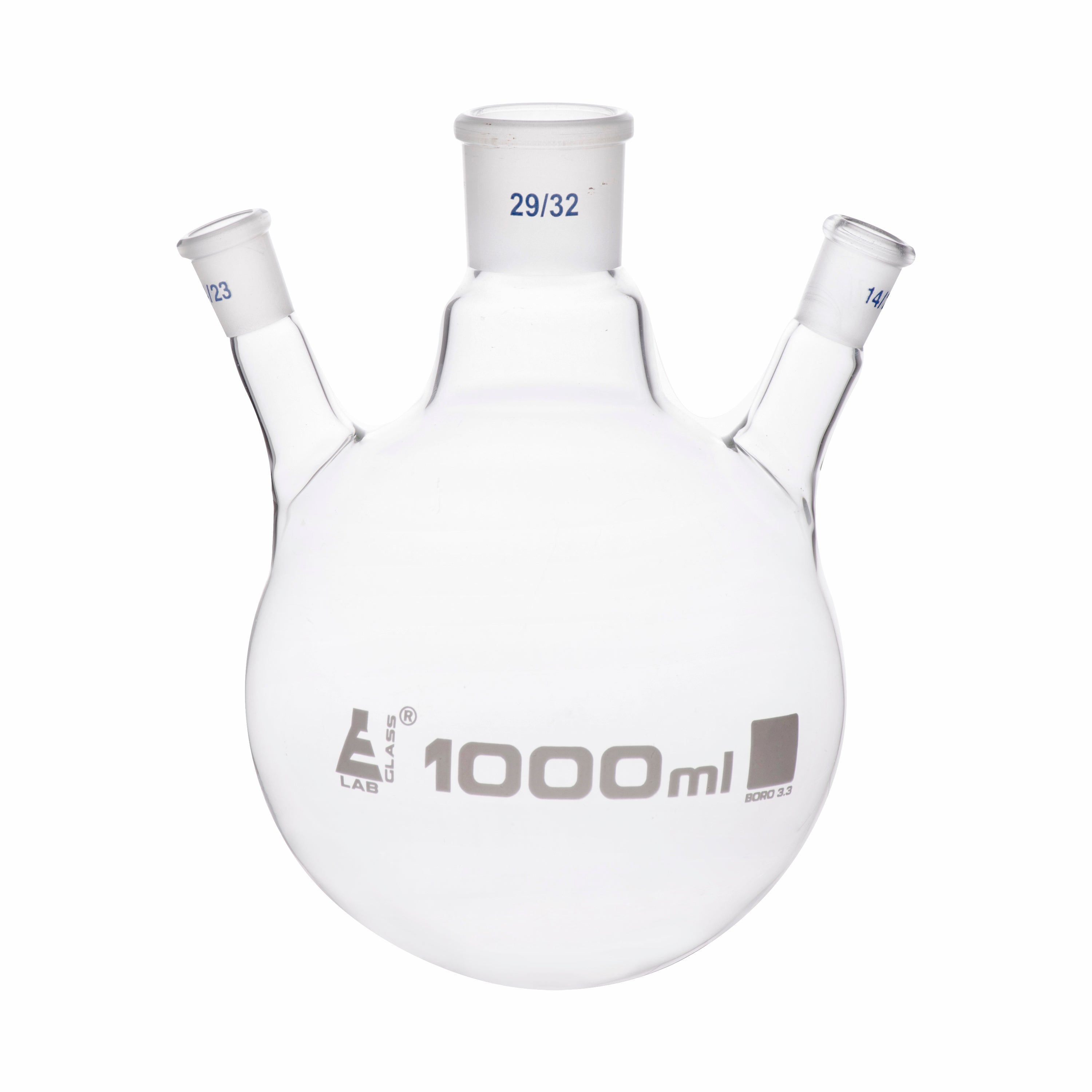 Borosilicate Glass 3 Neck Distillation Flask, 1000ml, 29/32 Oblique Neck, 14/23 Side Joint, Autoclavable