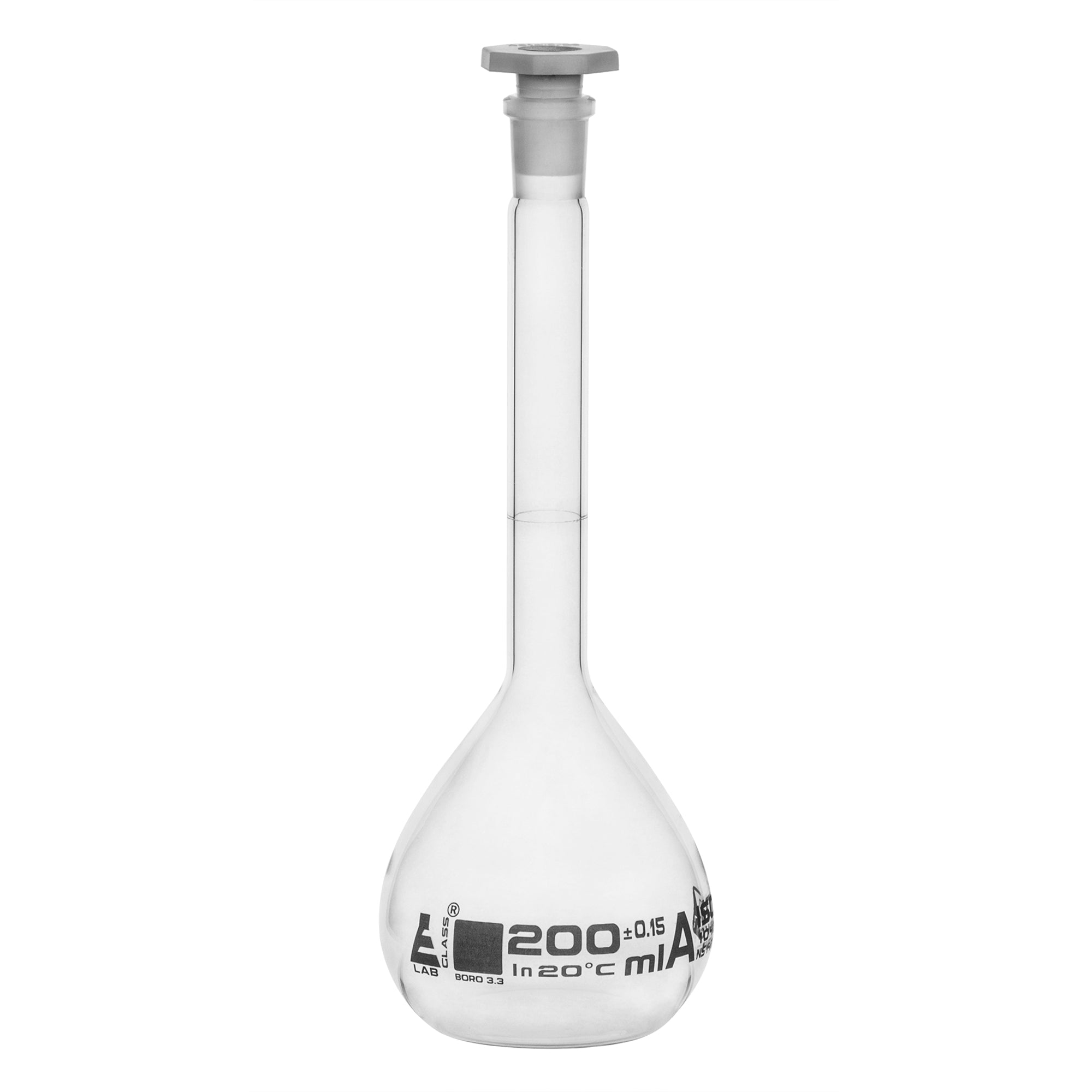 Borosilicate Glass Volumetric Flask with Polyethylene Stopper, 200ml, Class A, White Print, Autoclavable