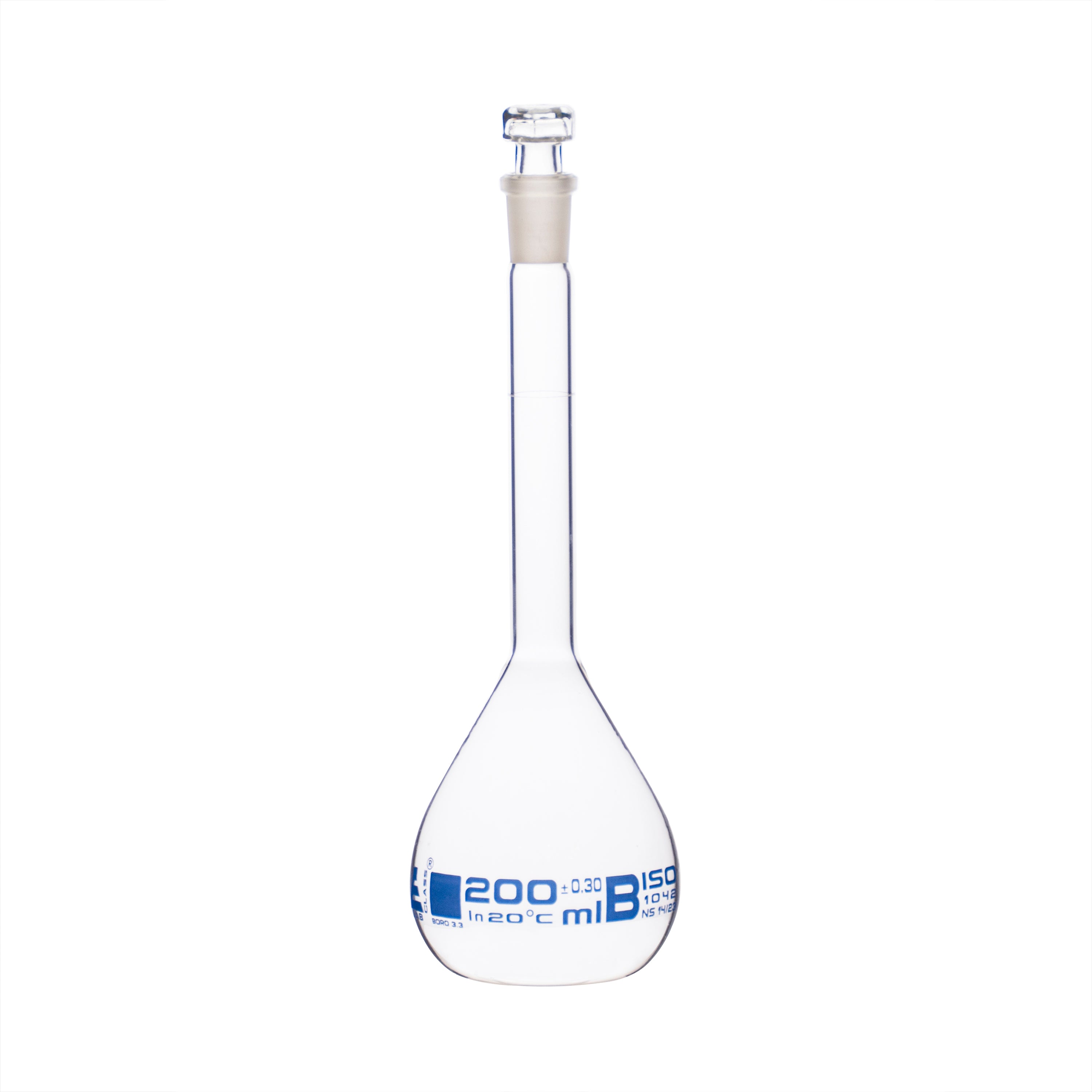 Borosilicate Volumetric Flask with Hollow Glass Stopper, 200ml, Class B, Blue Print, Autoclavable