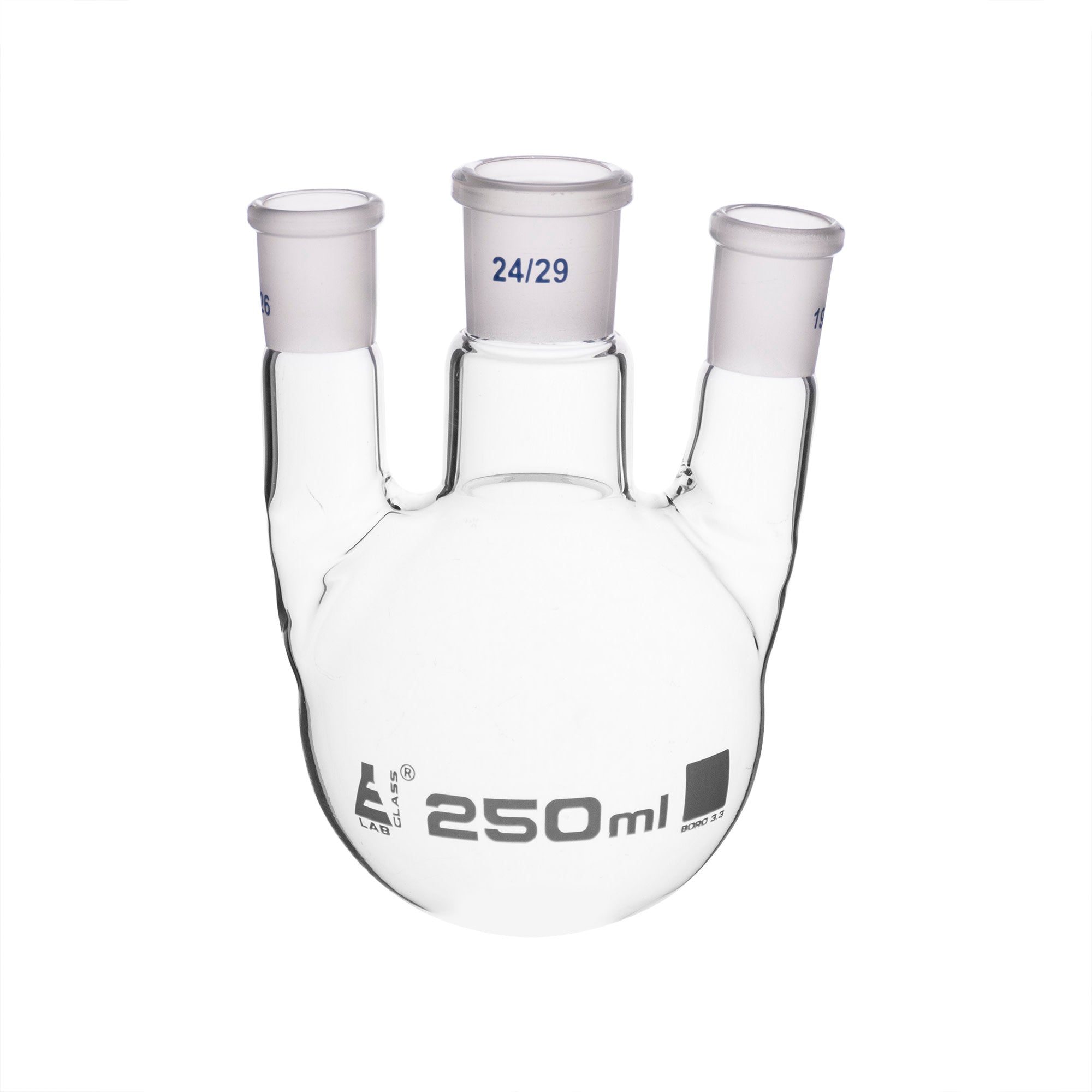 Borosilicate Glass 3 Neck Distillation Flask, 250ml, 24/29 Parallel Neck, 19/26 Side Joint, Autoclavable