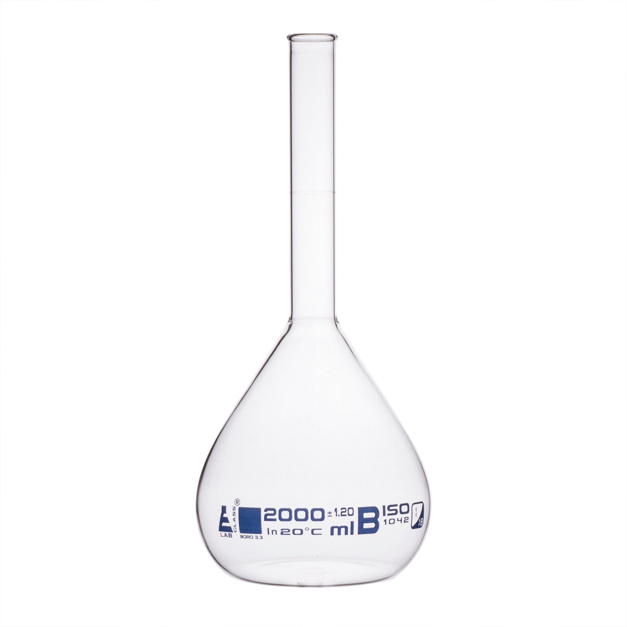 Borosilicate Glass Volumetric Flask with Beaded Rim, 2000ml, Class B, Blue Print, Autoclavable