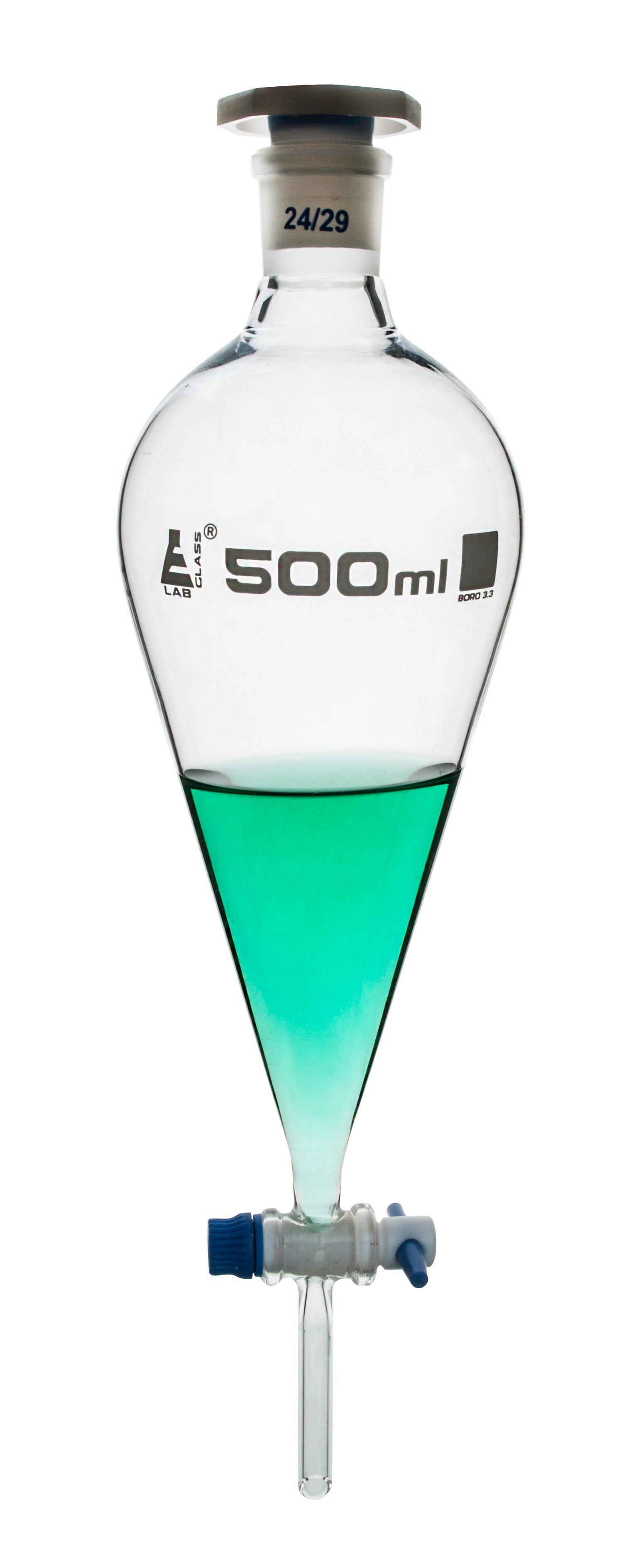 Glass Squibb Separatory Funnel with PTFE Key Stopcock and Interchangeable Polypropylene Stopper, 500 ml, Autoclavable